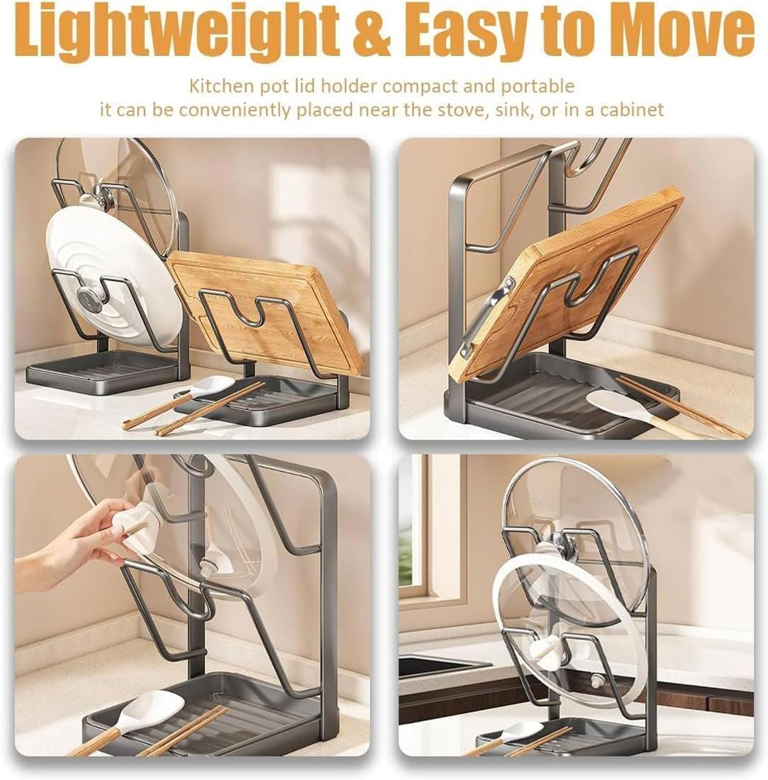 Kitchen Pot Lid Storage Rack, Pot Lid Holder with Tray, Lid Holder While Cooking, Lid and Spoon Rest, Multifunctional Kitchen Organizer Stand for Stove Top image number 1