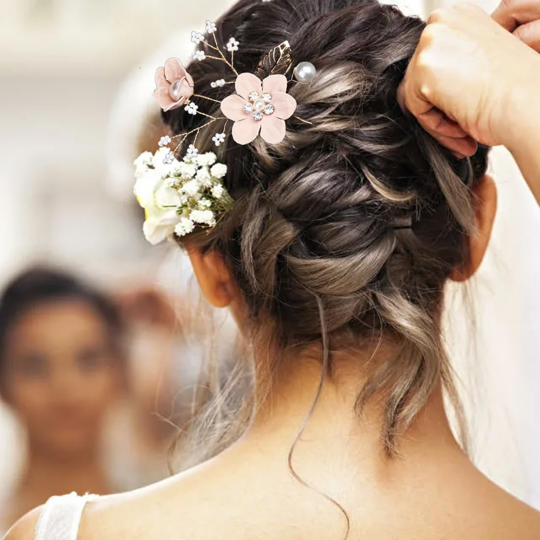 OUDQFCJ Pack of 4 Wedding Hair Pins, Flower Pearls Bridal Hair Accessories, Silver Bridal Jewellery, Hair U-Shaped Wedding Hair Clips for Women and Girls image number 3