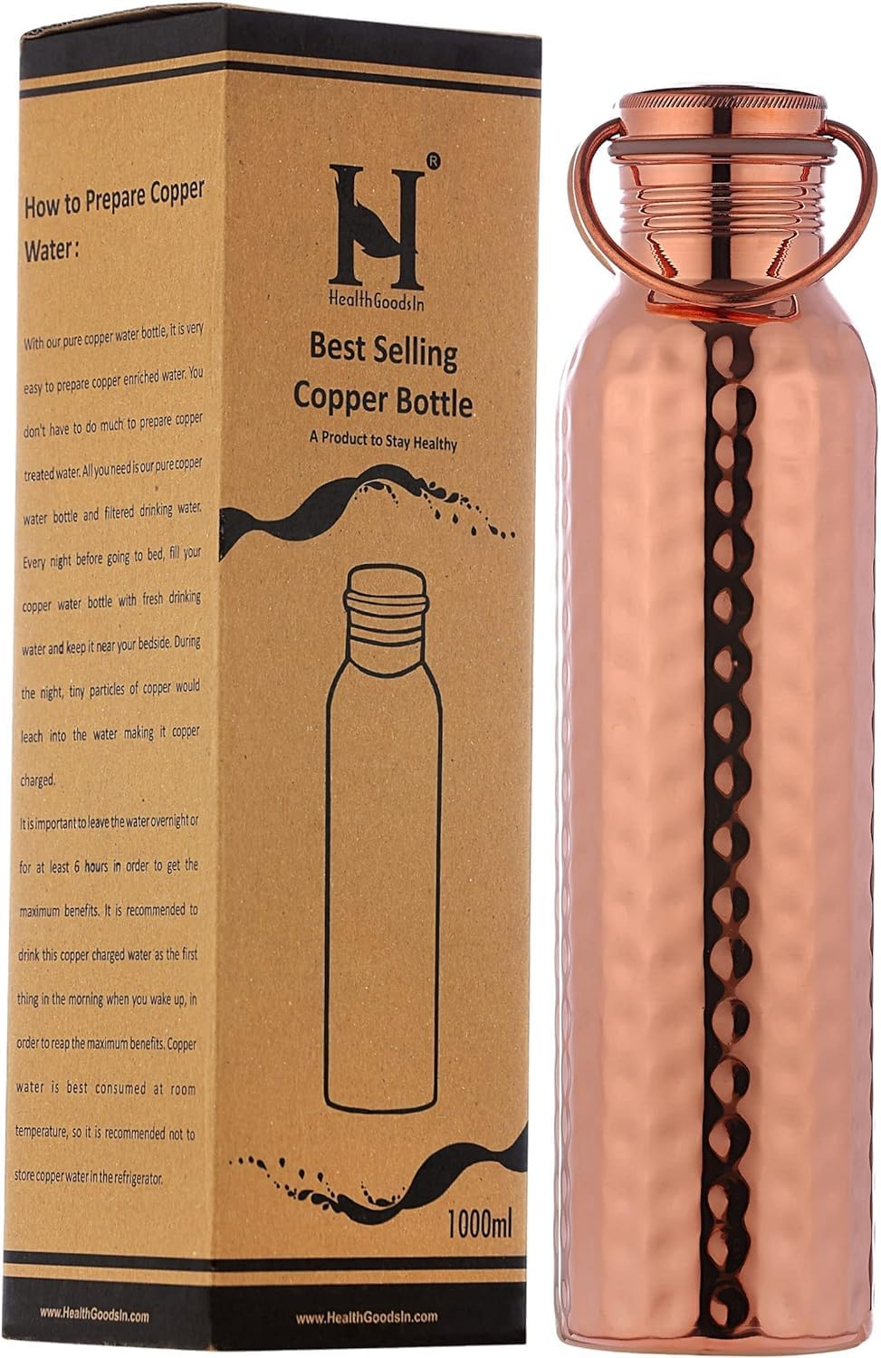 Healthgoodsau - Pure Copper Hammered Water Bottle with Carrying Handle 1000 ML | Joint-Free Leakproof Water Bottle for Ayurvedic Benefits image number 1