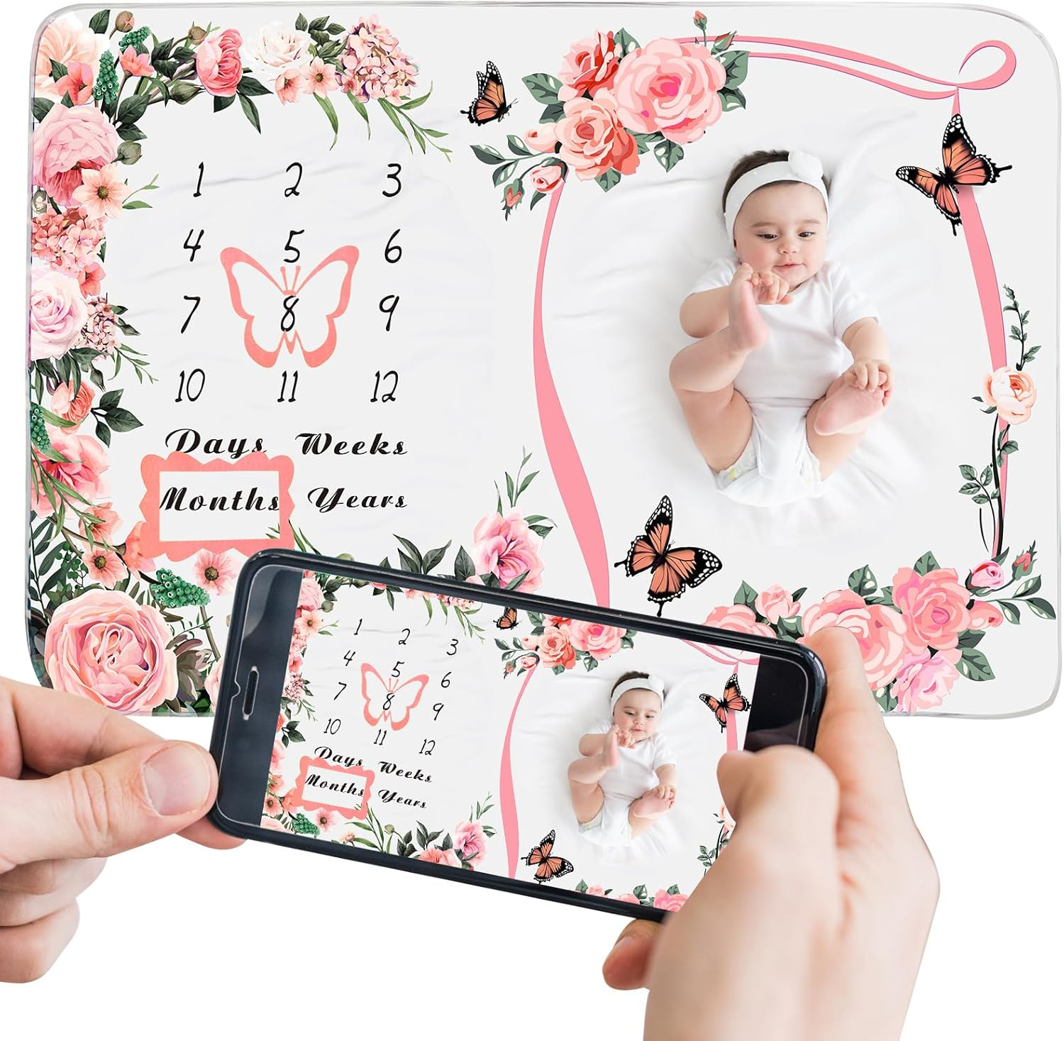 Chumia Baby Monthly Milestone Blanket - Floral Butterfly Design, Pink, 39"X59" - Flannel, Single Layered, Baby Milestone Blanket image number 2