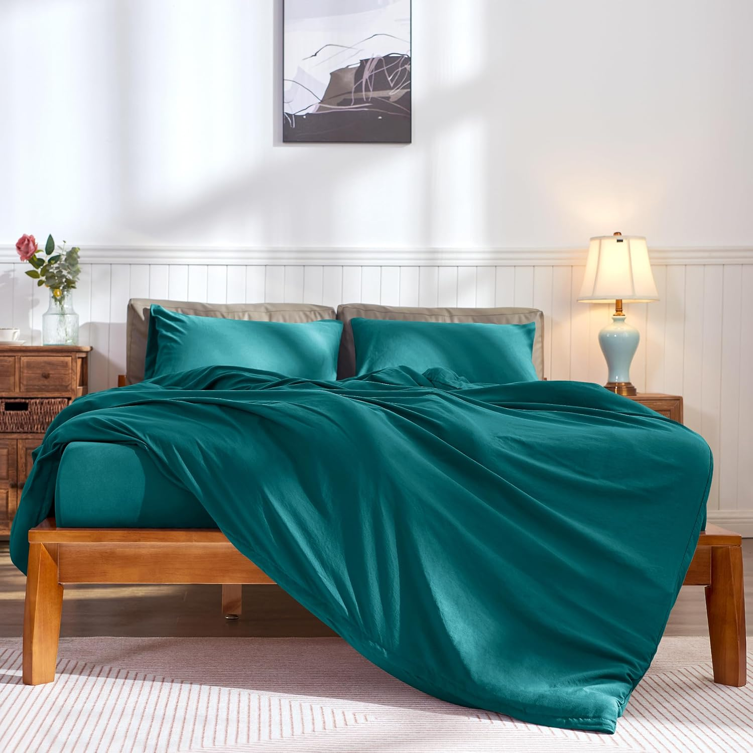 CHUN YI Kingsize Duvet Cover Sets, 100% Washed Microfiber Plain Bedding Duvet Covers Set with Zipper Closure & 8 Corner Ties, Breathable & Ultra Soft Duvet Cover with Pillowcases (Teal Green, King) image number 1