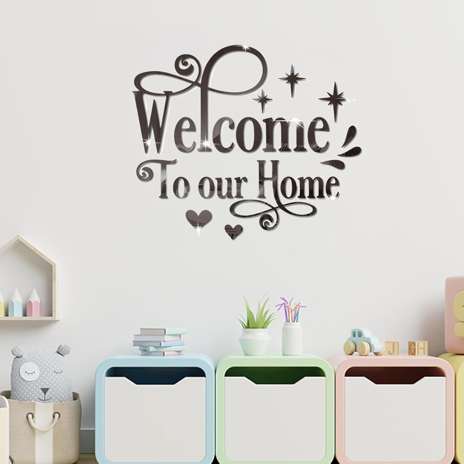 INCAUCA Welcome to Our Home Wall Decor Sticker, Home Acrylic 3D Mirror Wall Decal, Removable Art Letter Sign, Wall Door Quote Decoration DIY for Living Room Bedroom Sofa TV Background (Silver) image number 2