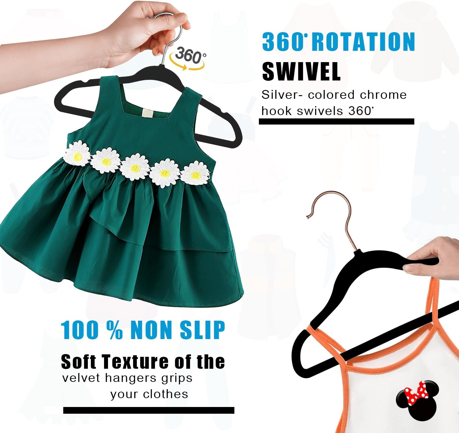 GVTECH Kids Hangers Velvet, [50 Pack] Children Cloth Durable Baby Hangers for Closet - Perfect Infant Toddler Kid Hanger for Everyday Use, Non Slip 360&deg; Hooks for Shirt, Pant, Dress (50 Pack, Black) - Black image number 6