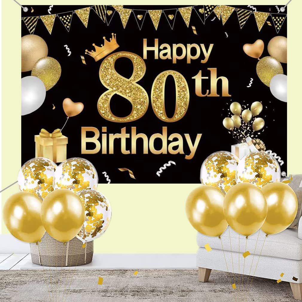 Tecreo 80Th Birthday Decorations Happy 80Th Birthday Backdrop Black Vinyl 150Cm X 90Cm