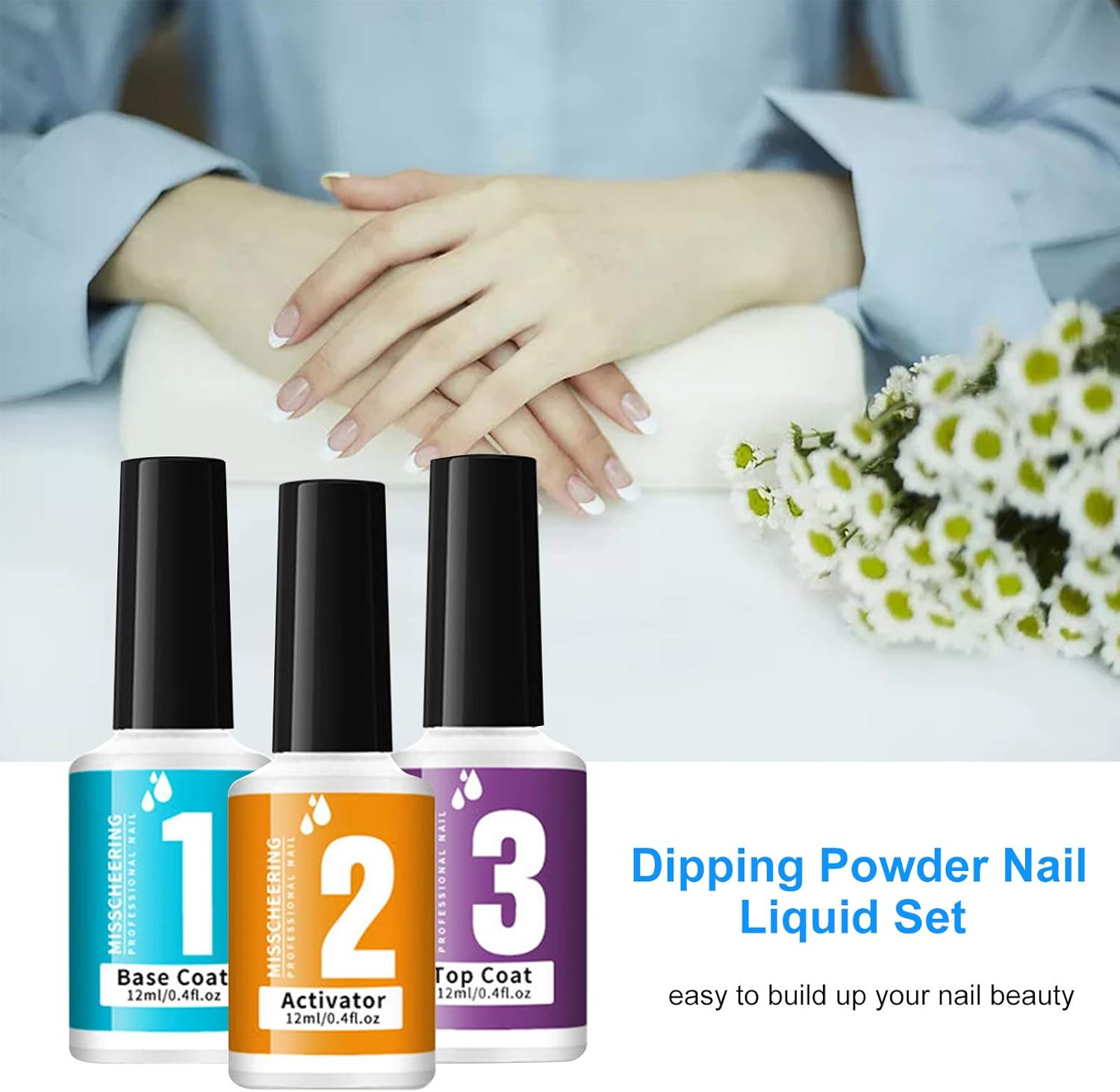 Dipping Powder Nail Liquid Set with Base Coat Top Coat Activator - 3 Bottles 12Ml Each, No UV LED Lamp Needed, Easy to Apply, Rapid Drying, for DIY Home Nail Art, Mild Scent, Even Application image number 6