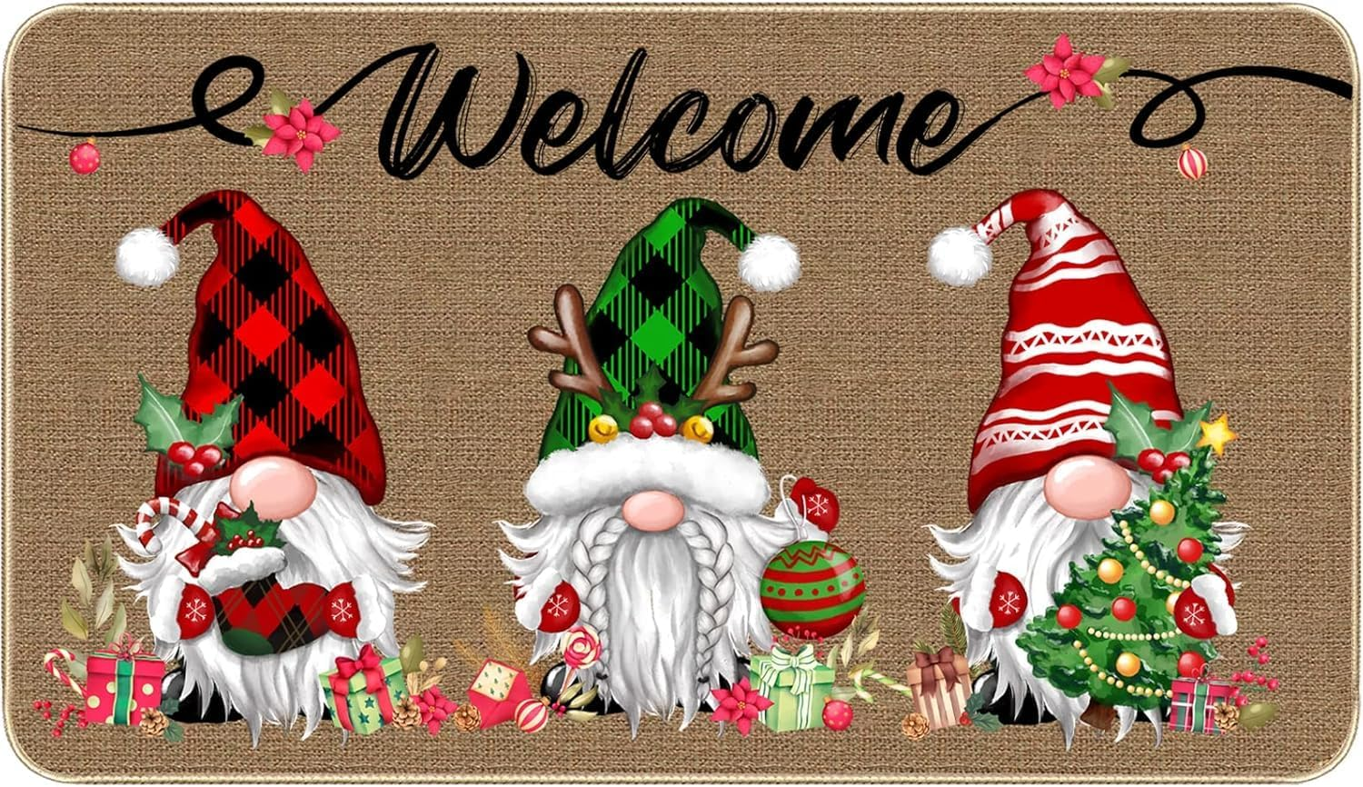 Christmas Welcome Decorative Doormat, Christmas Gnome Buffalo Plaid Door Mat, Non-Slip Carpet Rugs Floor Mat Decorative for Home/Bathroom/Kitchen/Indoor - 90 X 60Cm image number 4