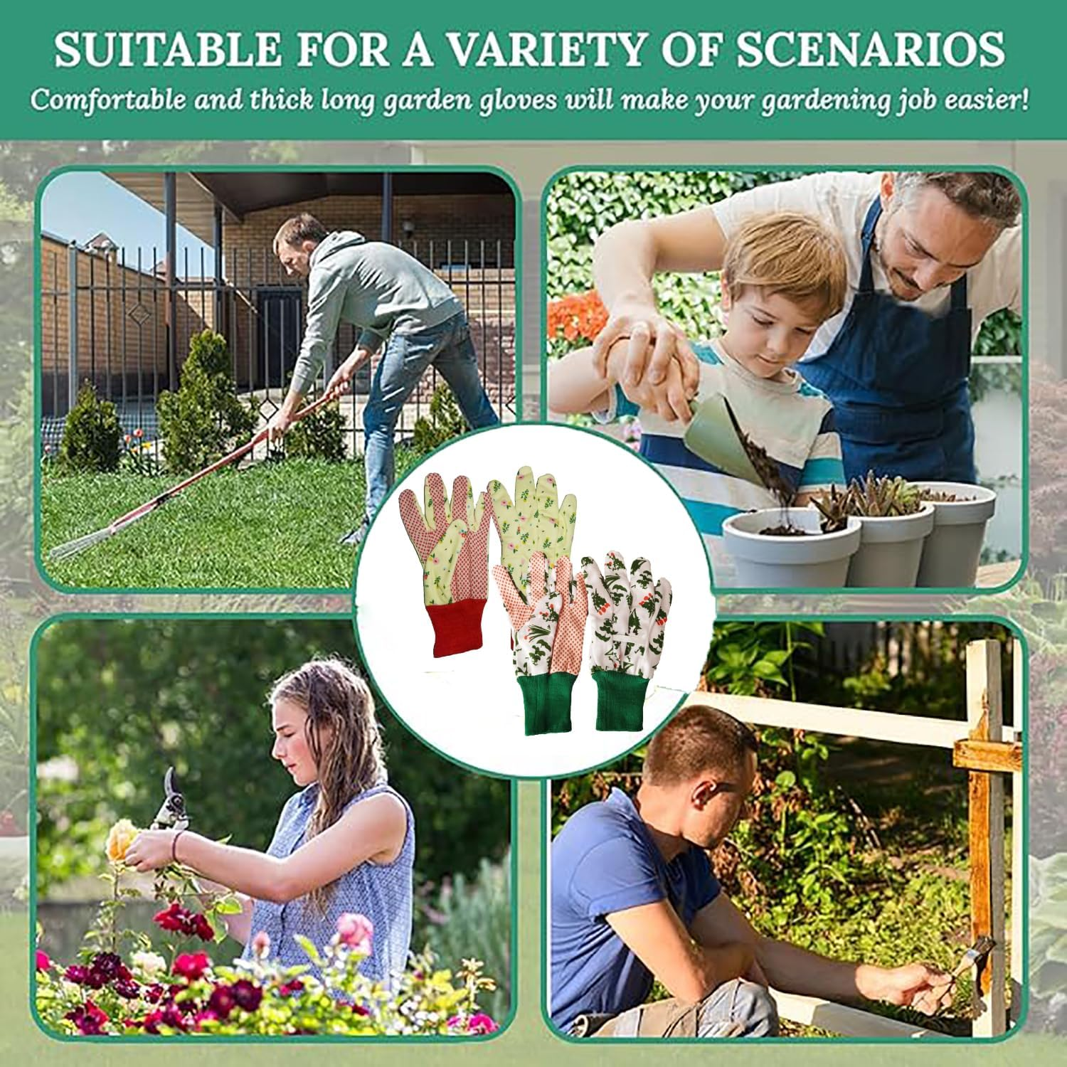 2 Pairs Garden Gloves, Couple Style Non-Slip Grip Garden Work Gloves with Elastic Cuffs, Build a Garden of Love Together, Used for Garden Cleaning, Gardening, Weeding, Planting, Watering