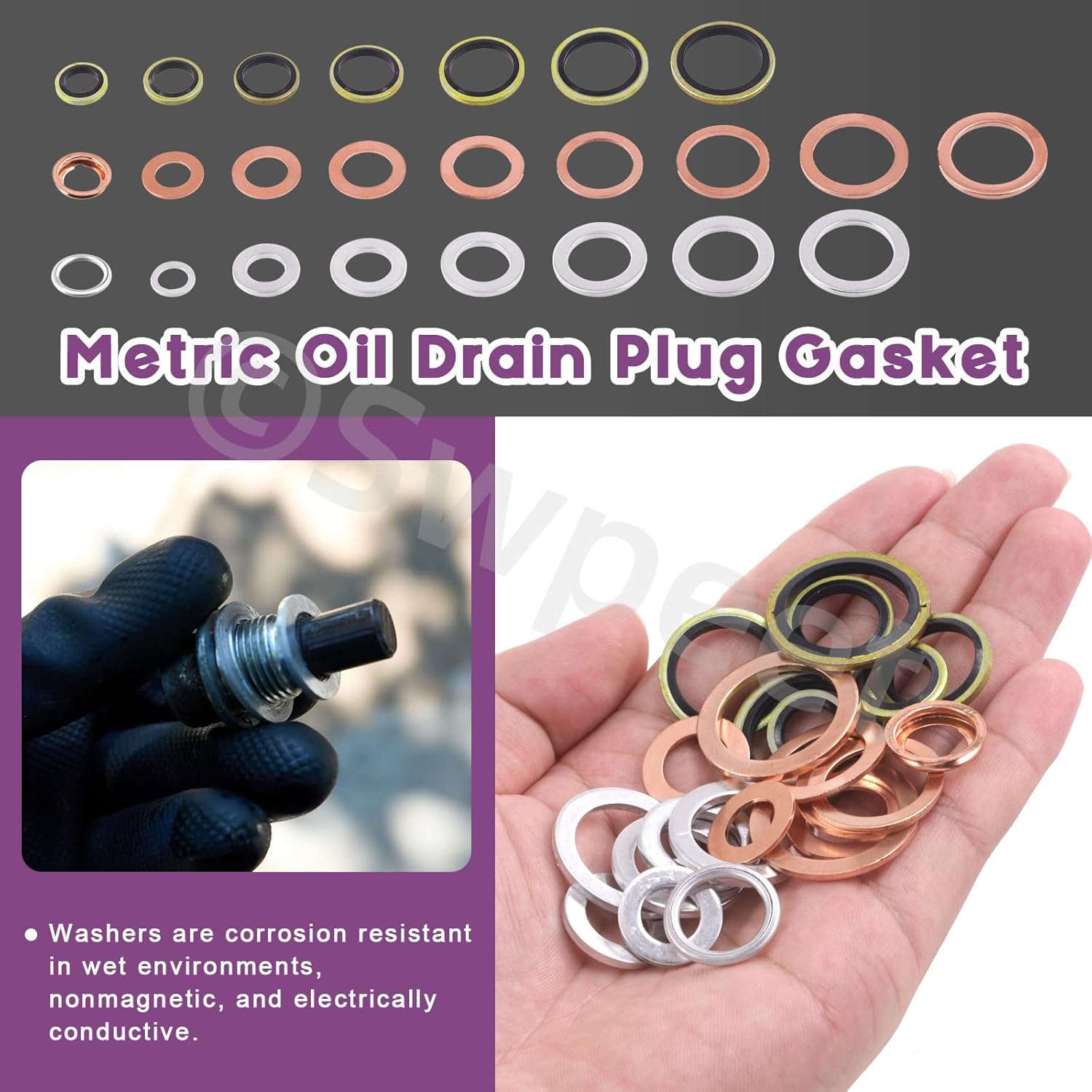 Swpeet 143Pcs M8 M10 M12 M14 M16 M18 M20 Aluminium & Cooper Washer Gasket and 2 Styles Oil Drain Plug with Yellow Zinc Plated Sealing O Rings Assortment Kit, Oil Crush Washers Seals for Most Cars