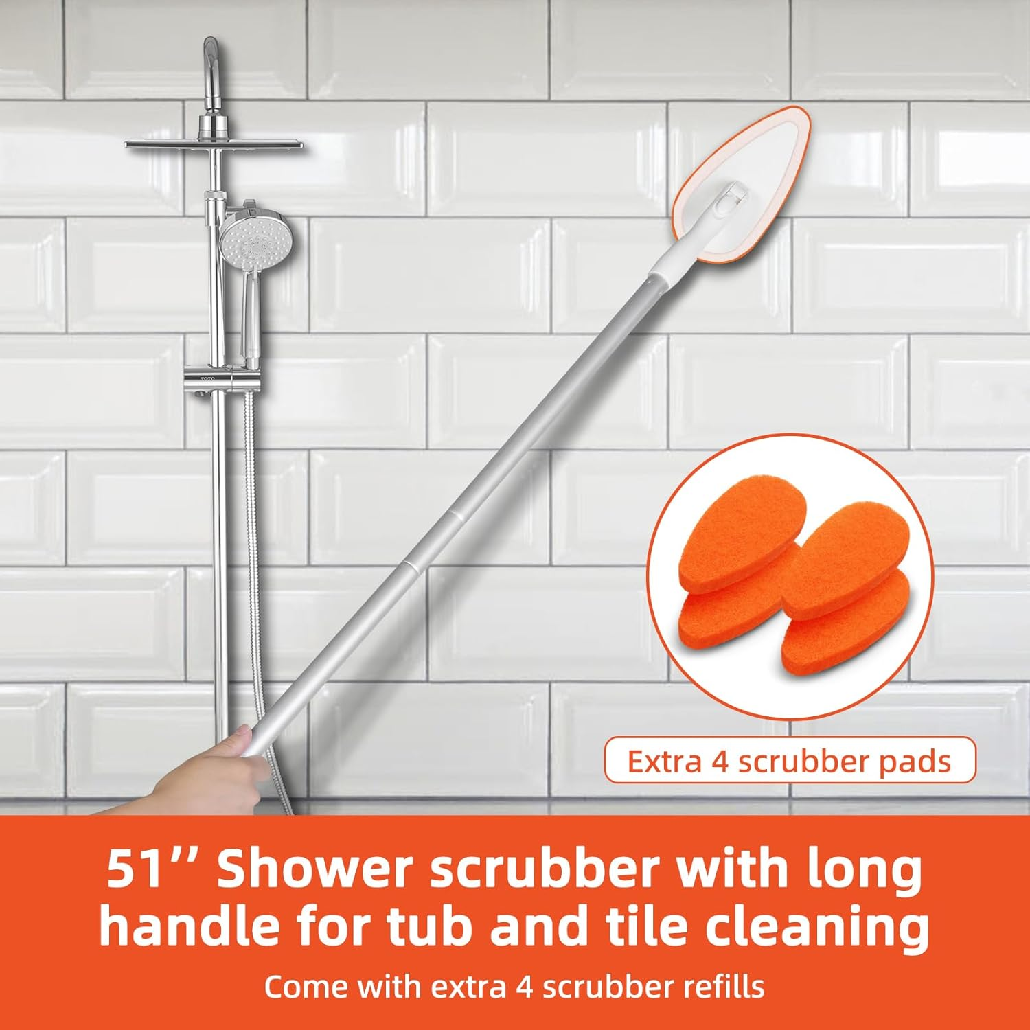 Qaestfy Shower Bathtub Tub Tile Scrubber Cleaning Brush with 51'' Handle, 5 Non-Scratch Scouring Pads, Adjustable Long Handled Scrub Brush for Cleaning Shower Bathroom Vessel Sinks Wall Floor, QAE027