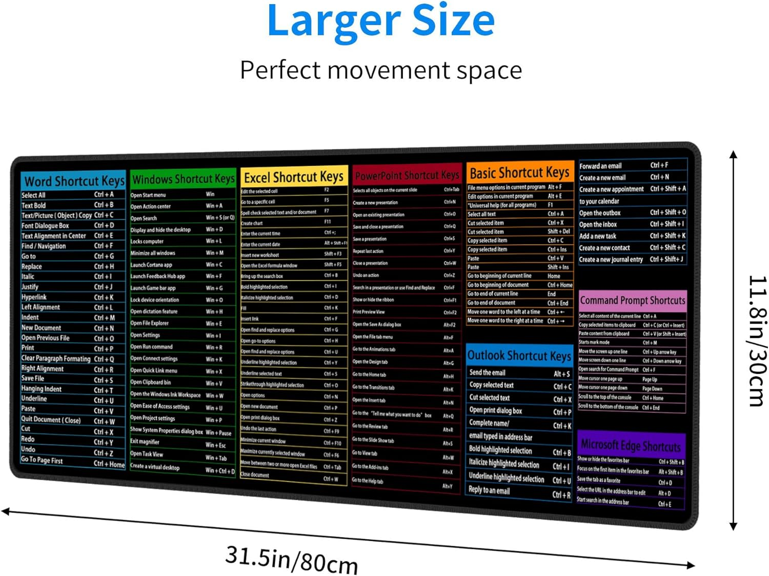 Computer Office Power Point Excel Word Outlook Command Prompt Shortcut Keys Shortcuts Gaming Keyboard Mouse Pad Mousepad Desk Mat Huge Extended XL Rubber Sole for Home Office(31.5"X 11.8")