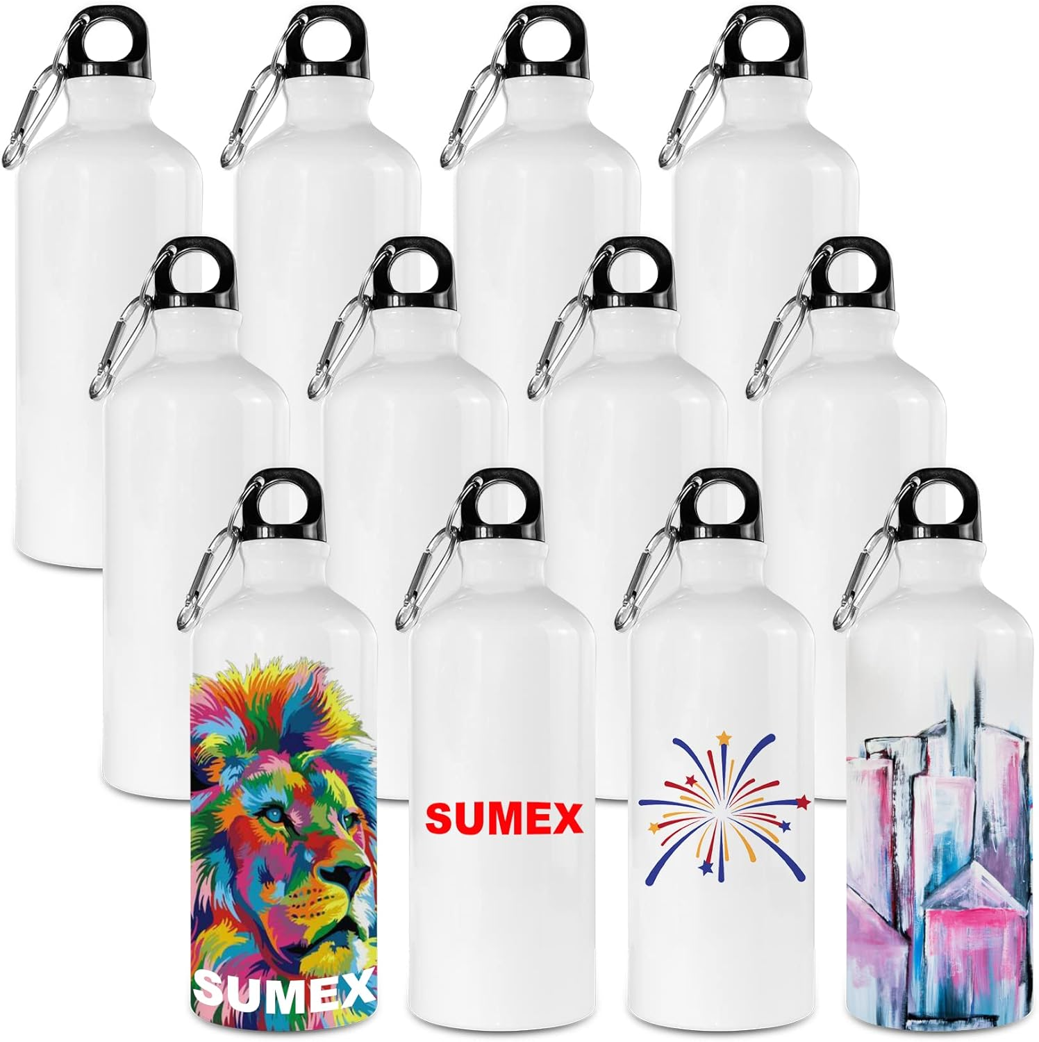 SUMEX 12 Pack 20Oz Sublimation Blank Aluminum Sports Bottle Heat Press Water Bottle with Carabiner and Twist Cap
