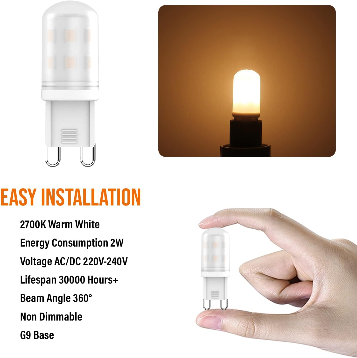 10 Pack G9 LED Bulbs 2W Equivalent to G9 Halogen Bulbs 20W-28W, Warm White 2700K, 360&deg; Beam Angle, AC 220V-240V, CRI 83+, Flicker-Free, Non-Dimmable, Economy - Natural White image number 7