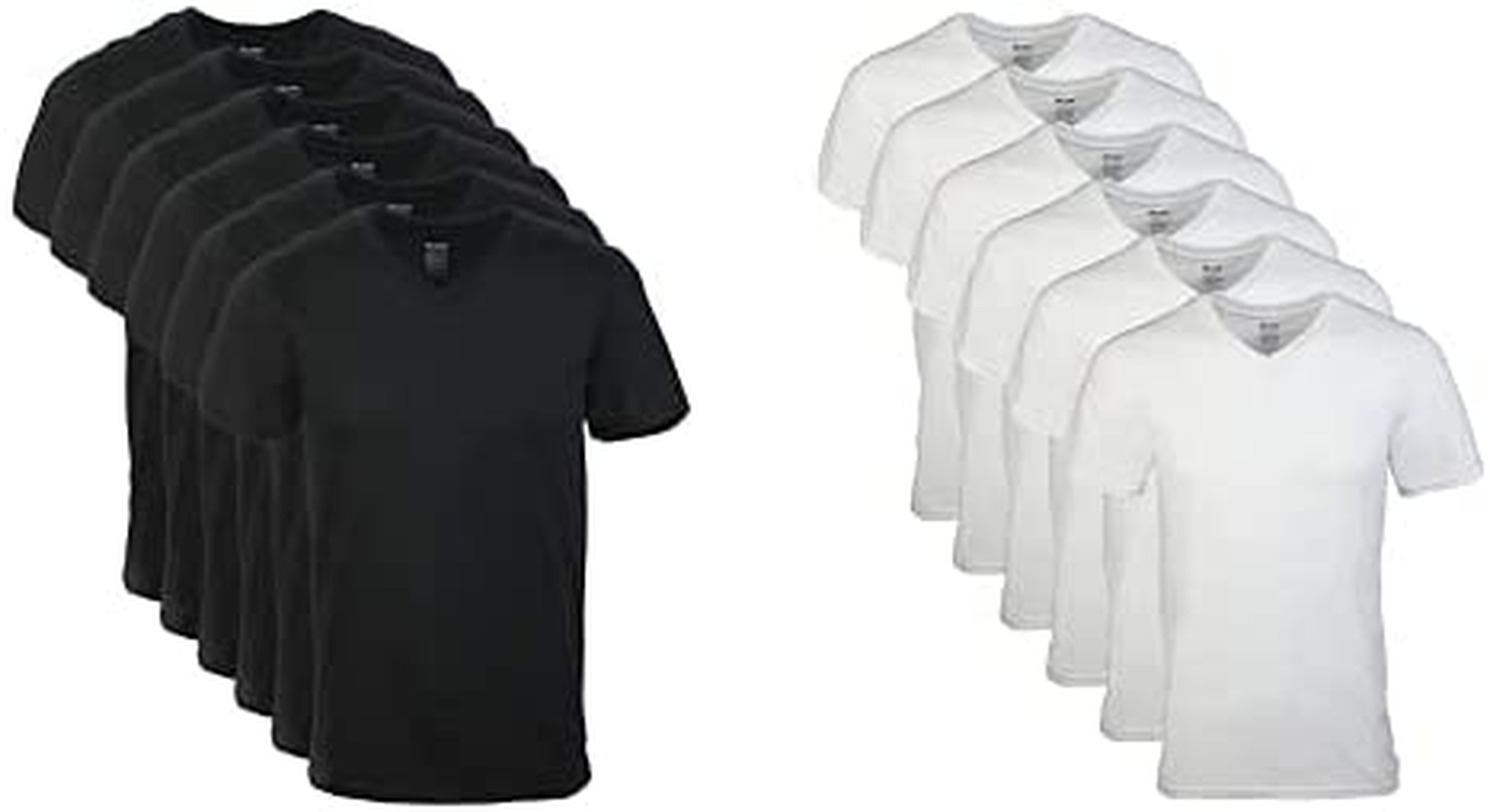 Gildan Mens V-Neck T-Shirts 12 Pack Short Sleeve Undershirt, White & Black, Small