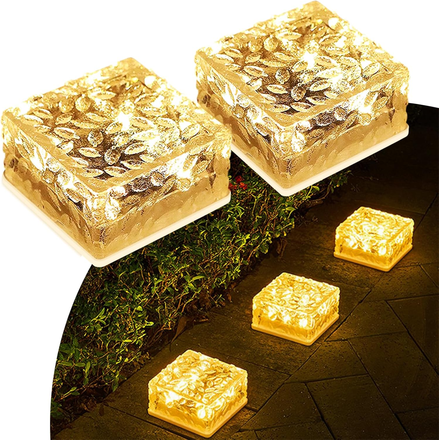 MEDOYOH 4PCS Warmwhite Light Solar Light PVC Brick, Solar LED Brick Light with Light Sensor, On/Off Solar Path Lights Outdoor Garden Ornaments for Lawn Path Courtyard Deck Ground Pond, 7X7X5Cm