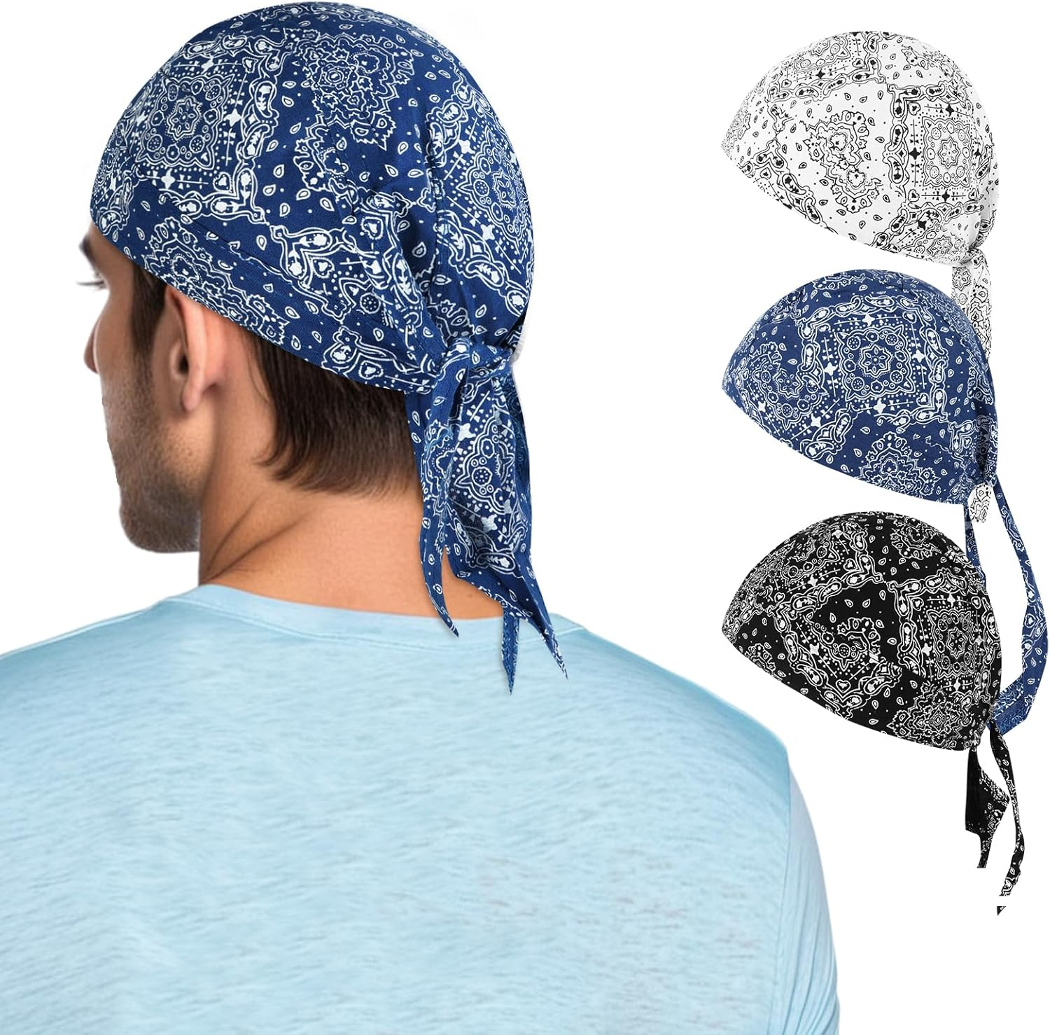 GERINLY 3 Pcs Do Rags for Men Skull Cap Breathable Bandana Hat Sweat Wicking Helmet Linner Beanie for Cycling Motorcycle