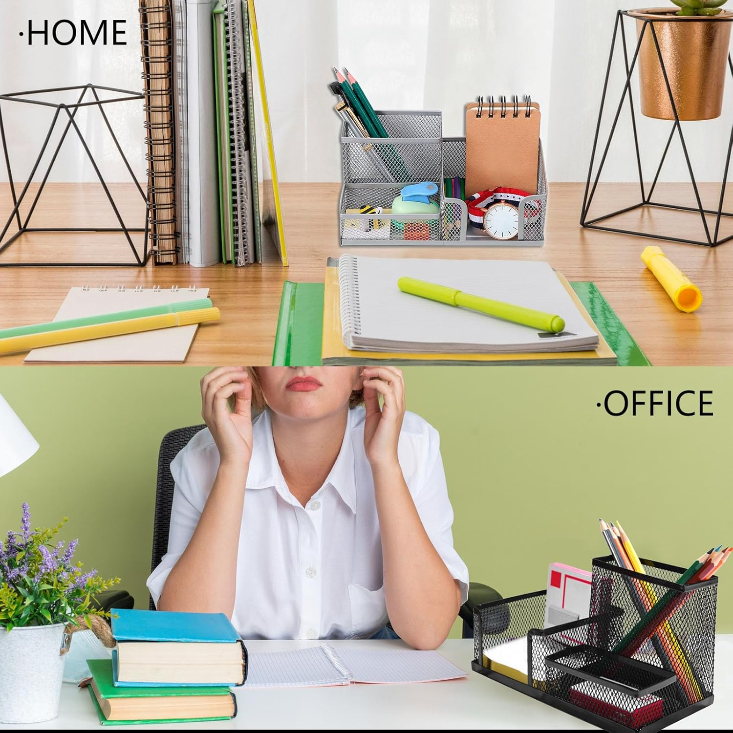 ASTIMESA 2 Pcs Mesh Pencil Holder for Desk with 3 Compartments, Office Desktop Organizer Pencil Cup Caddy for Stationery Marker Storage School Home Supplies（Black） image number 5