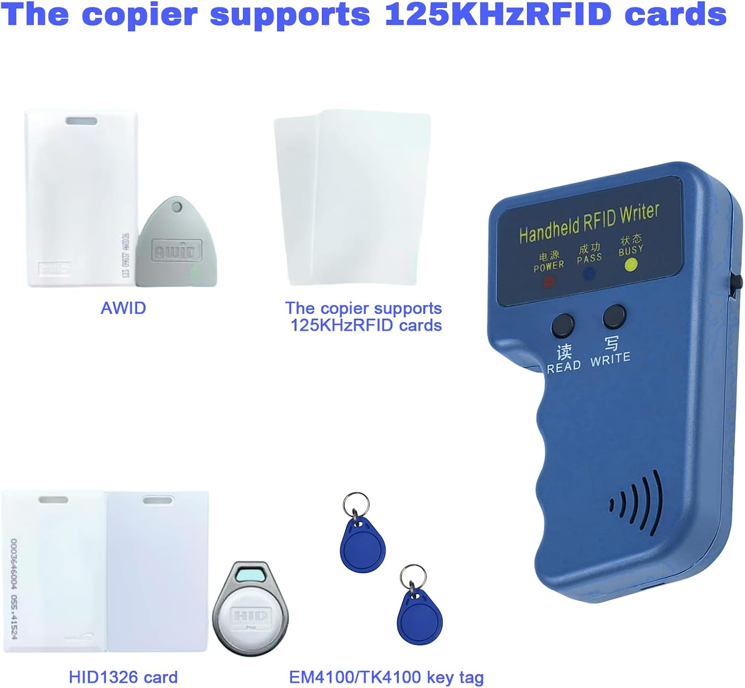 Tzylomirx RFID Reader Copier & Writer - Handheld Portable RFID Duplicator for T5577 Cards, Compact RFID Device for Home and outside (6 Pack T5577 Keychains and 6 Pack T5577 Cards)