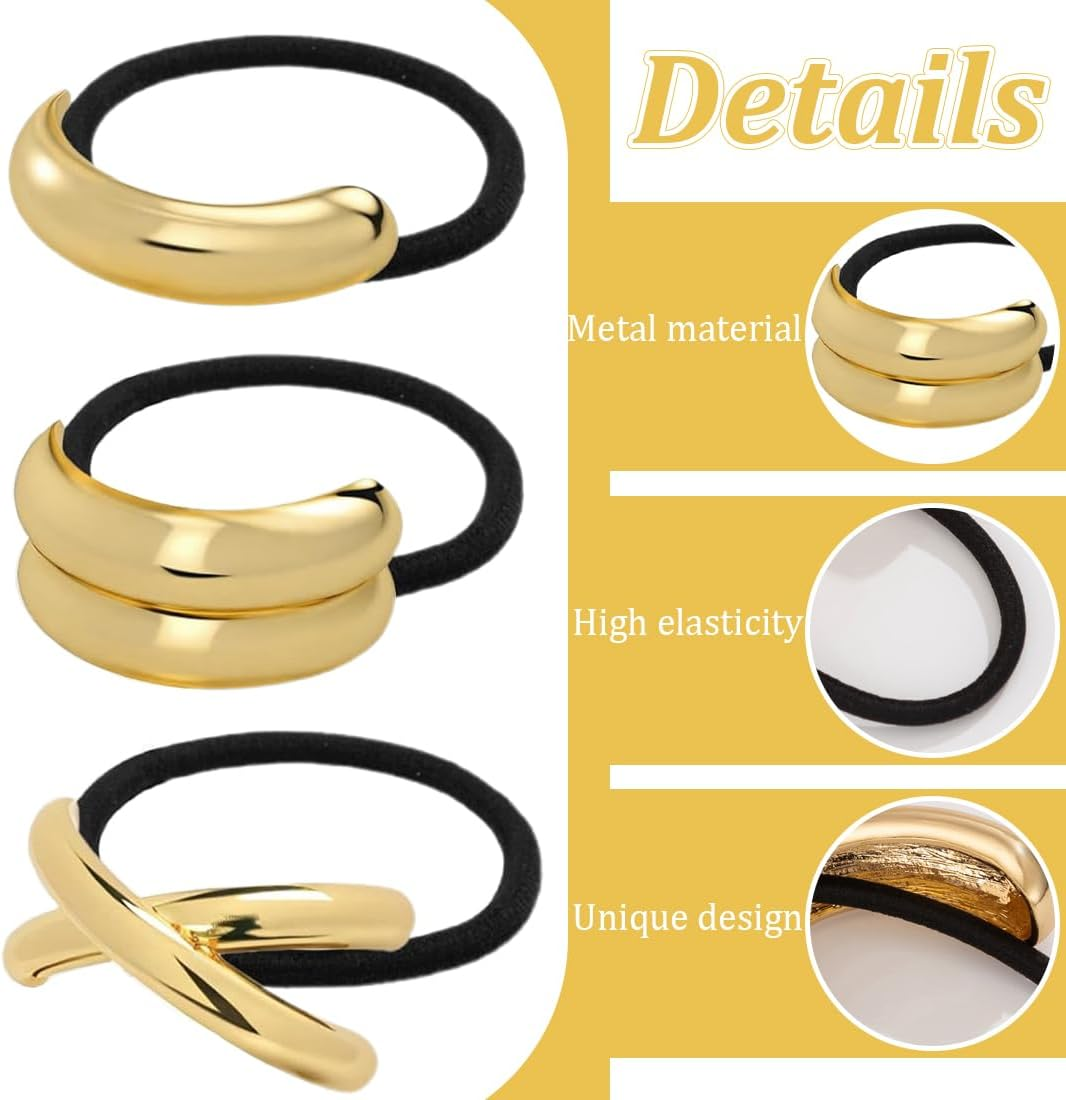 MIRKUZI Hair Bobbles 3 Pack Metal Hair Bobbles Ponytail Elastic Hair Ties Golden Metal Hair Bobbles for Thick Hair Hair Accessories for Ponytails for Women image number 5