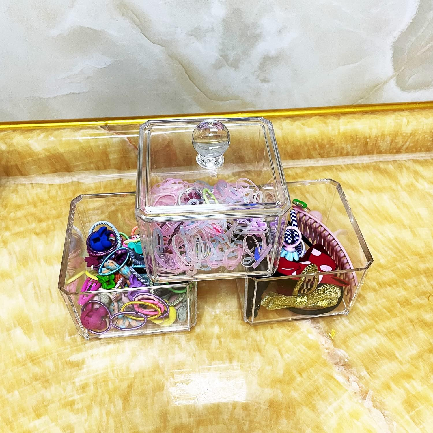 ZEQIDOU Hair Accessories Organizer, Tie Organizer for Girls, Acrylic Accessory Holder, Ponytail and Scrunchie Storage Container, Clear 3 Stackable Holder with Lids for Organizing - Small Portable-2Pcs image number 5