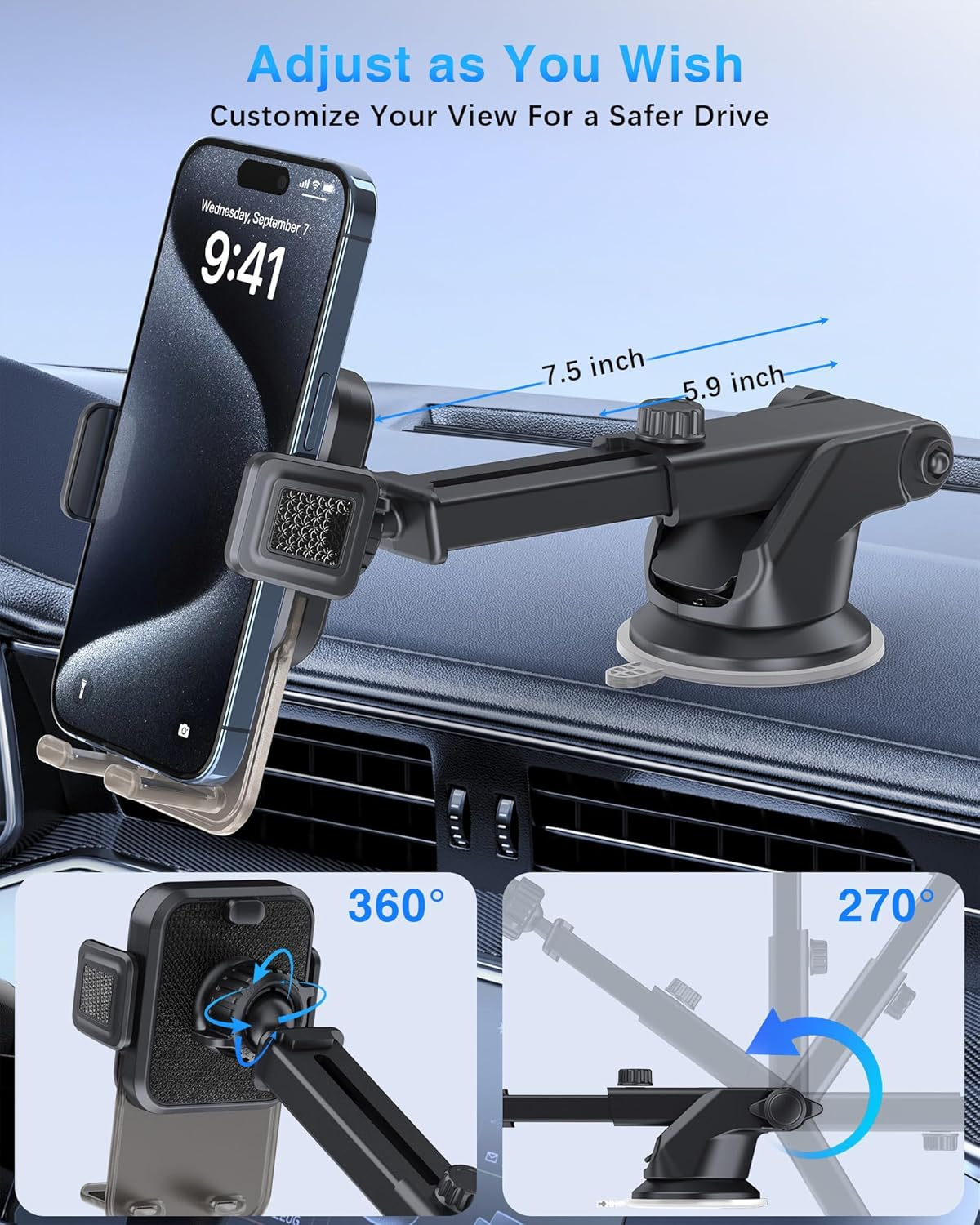 OUNAIDE Car Phone Holder Mount, 3-In-1 Dashboard Windshield Air Vent Phone Mount with Strong Grip, Rotatable Car Vent Phone Holder for Iphone, Samsung Galaxy & All Smartphones image number 4