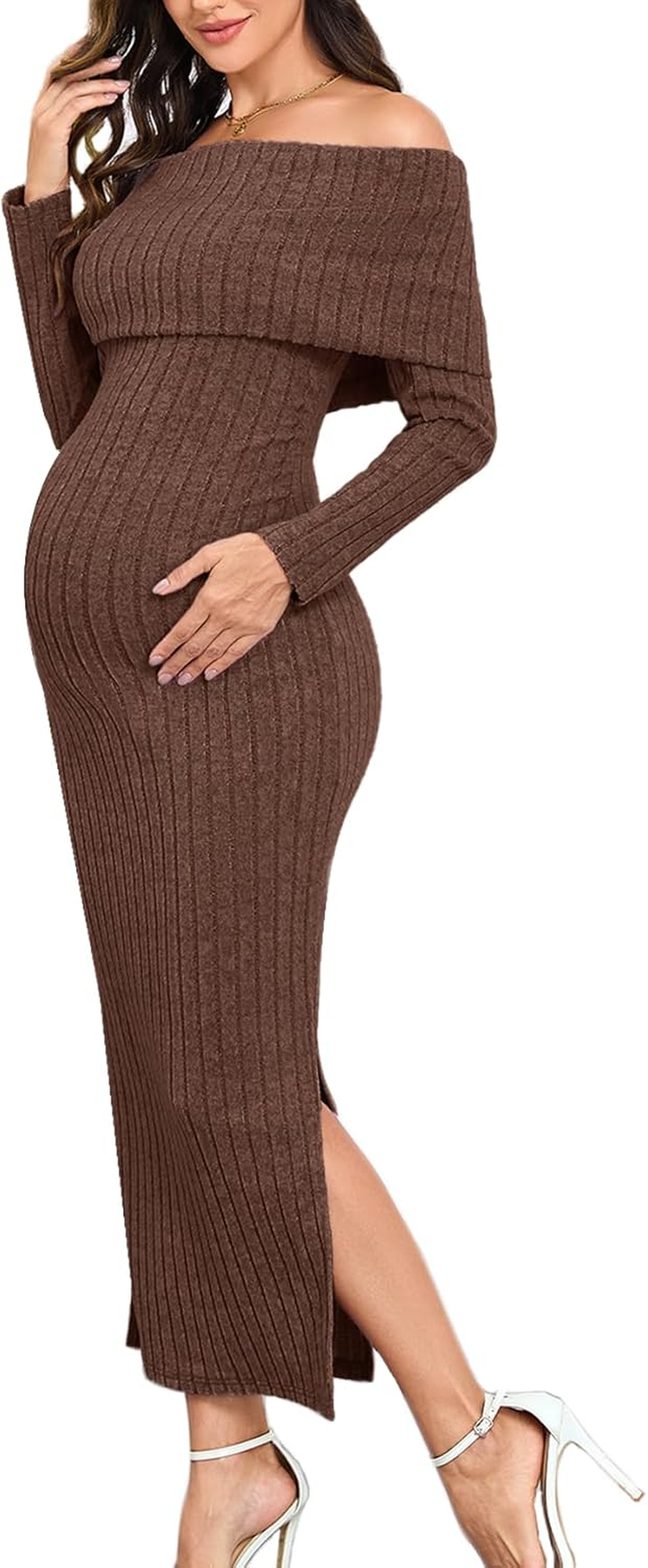 Maternity Sweater Dress off the Shoulder Rib Knit Long Sleeve Dresses with Side Slit for Pregnancy Baby Shower