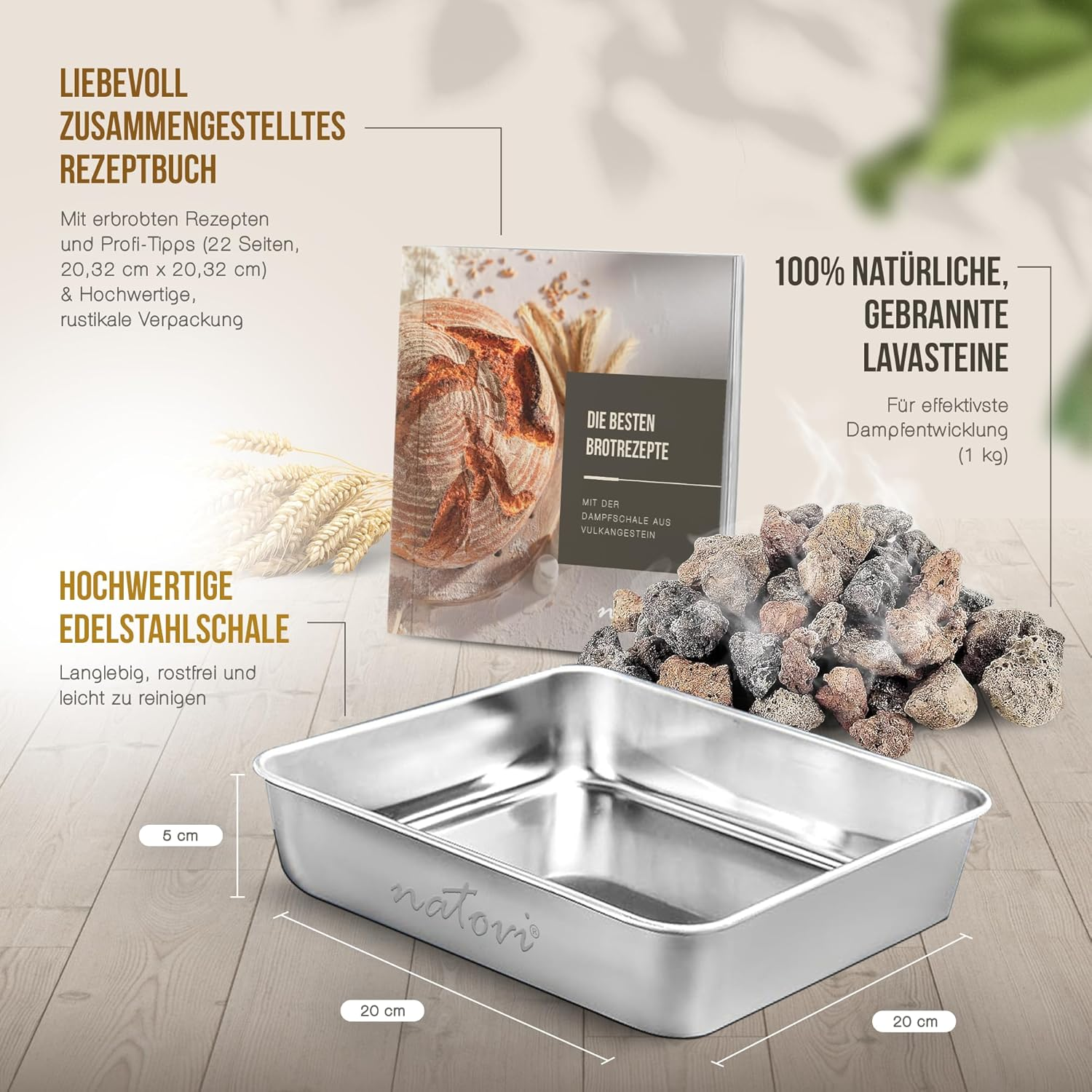 Natovi - Premium Steam Bowl with Natural Lava Stones - Bread Baking Accessories with Burnt Lava Stones for Intense Steam - Lava Stones Oven image number 6