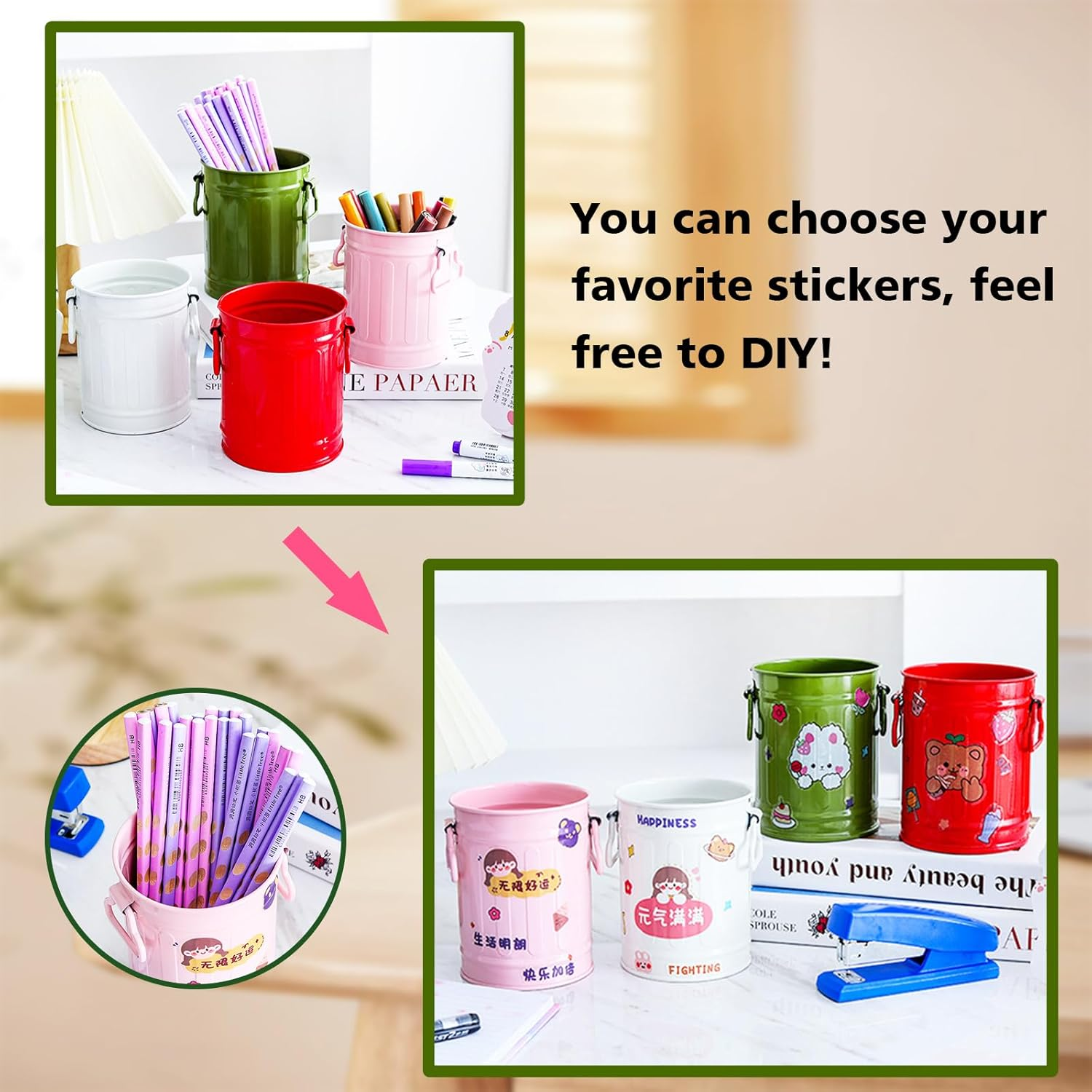 Fkereg Pencil Holder for Desk, Metal Barrel Pen Cup Holder for Desk with Handles, Cute Makeup Brushes Holder, Marker Holder Organizer Storage for Office Classroom Desktop Home (Pink) image number 2