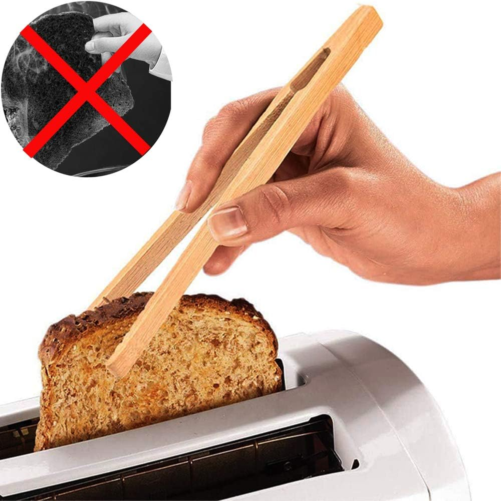 4 Pack Bamboo Toaster Tongs - 7&rdquo; Reusable Wood Cooking Tongs -Ideal Kitchen Utensil for Cheese Bacon Muffin Fruits Bread- Ultra Grip - Eco-Friendly (Yellow-4 Pcs) image number 2