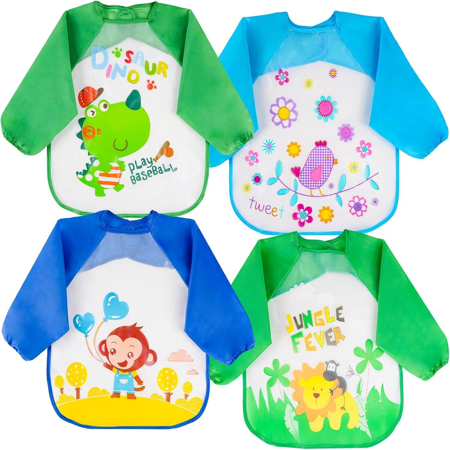 Vicloon Bibs with Sleeves,4 Pcs Waterproof Long Sleeve Bib Unisex Feeding Bibs Apron for Infant Toddler 6 Months to 3 Years Old