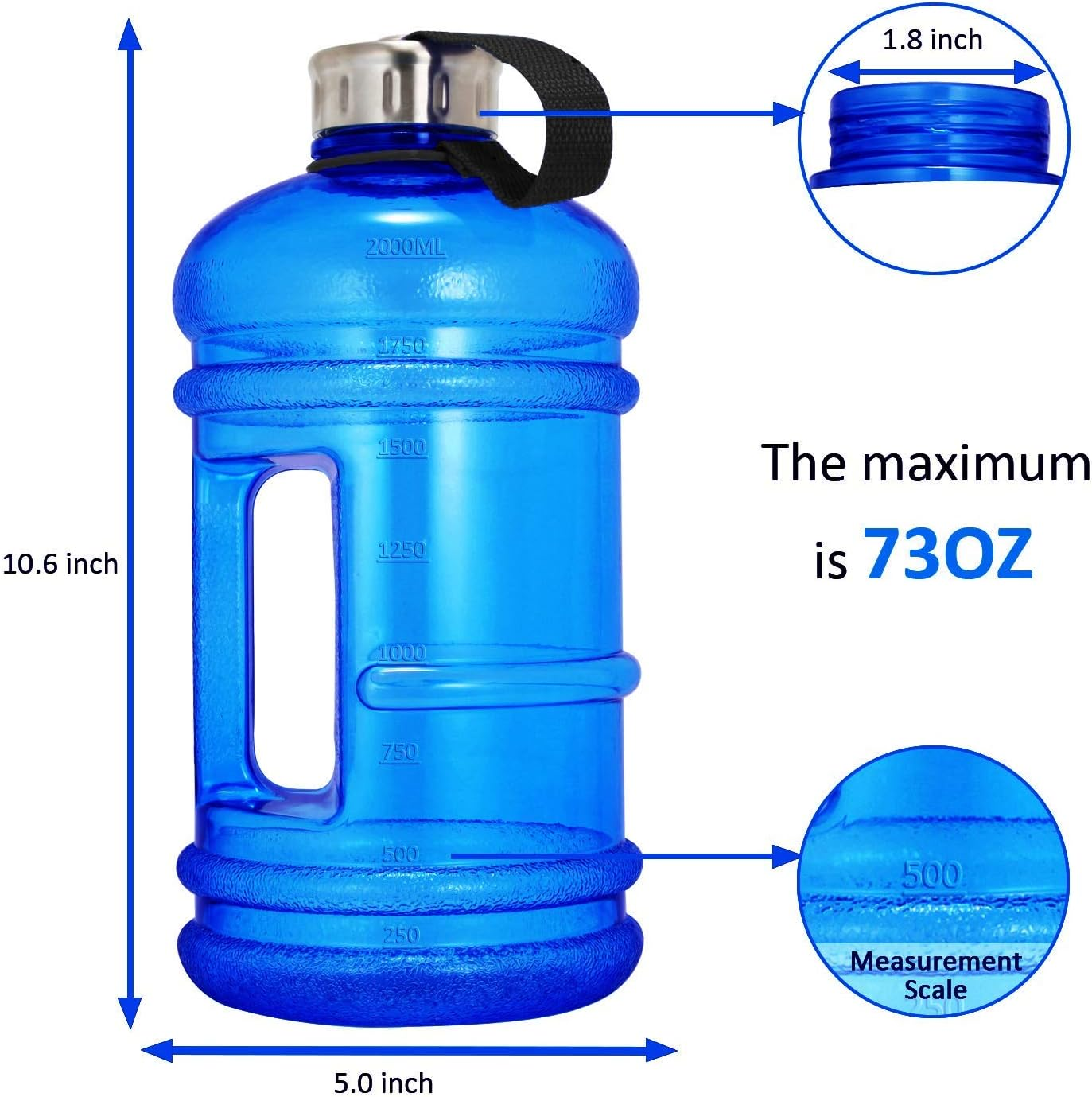 Vaupan Half Gallon Big Water Bottle, 2.2L/73 OZ Large Leak Proof Sports Jug with Handle,Huge BPA Free PETG Plastic Wide Mouth Drinking Container Flask for Fitness Gym Biking Travel Outdoor Water Jug