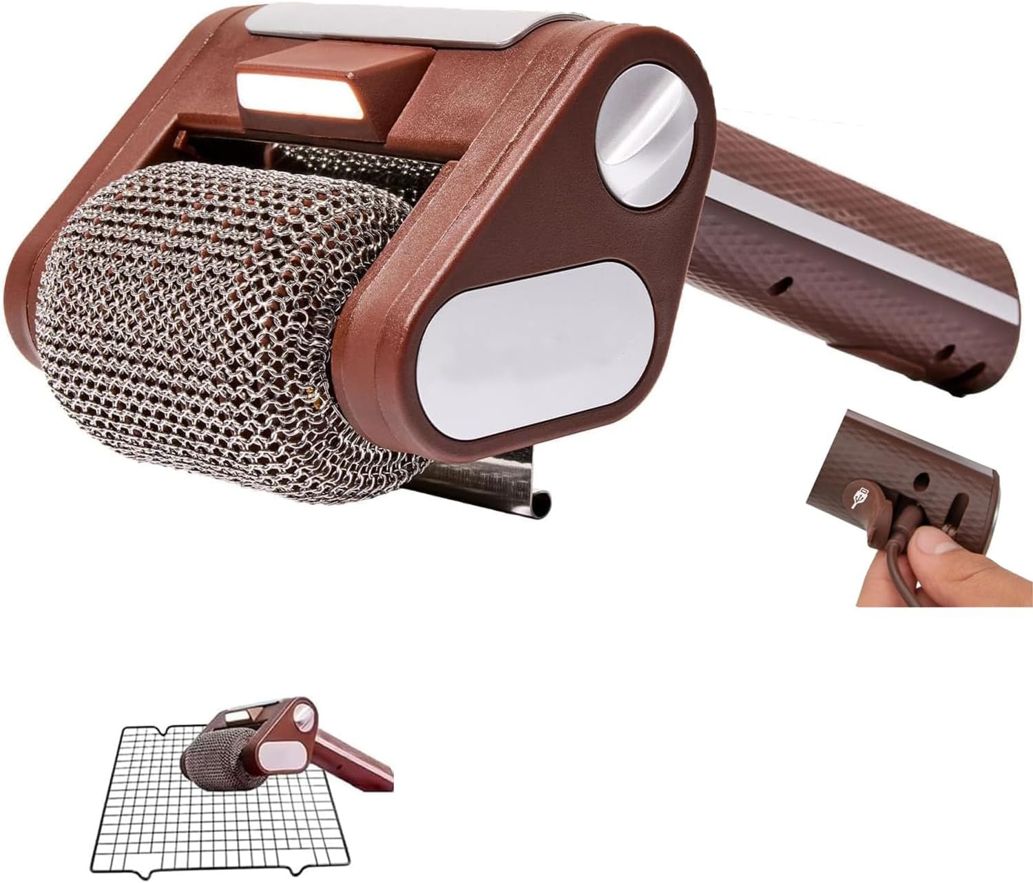 Electric BBQ Grill Cleaning Brush Cordless Electric Barbecue Brush with LED Light Detachable 350 RPM Stainless Steel Barrel Rotating Brush Drum for Outdoor Barbecuing (Brown)