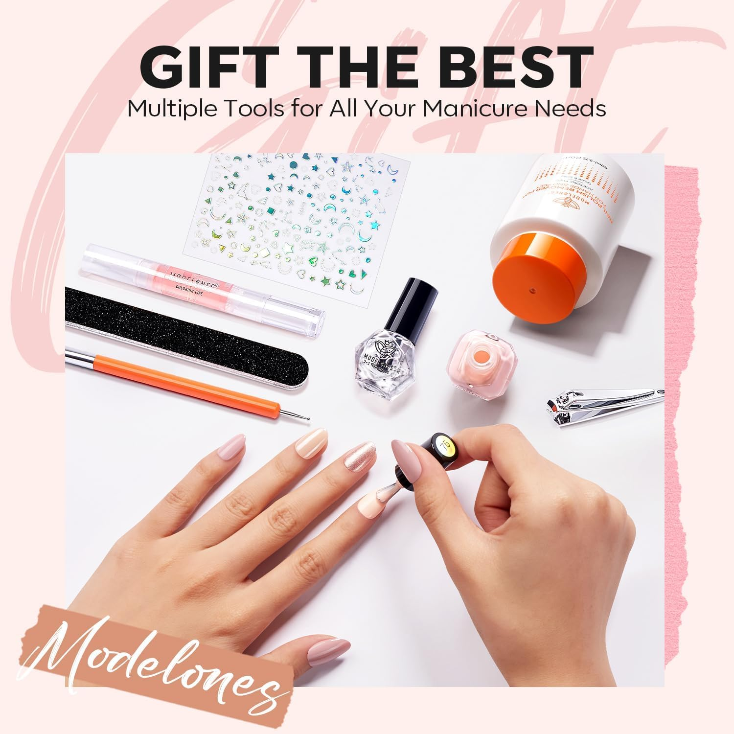 Modelones Complete Nail Polish Set Brown Nude Pink Gold Glitter Shimmer Quick Dry Nail Lacquer Kit with Nail Remover Sticker Base&Top Coat, Light Pink 6 Colors DIY Home Manicure for Women Girls - Cozy Pink image number 4