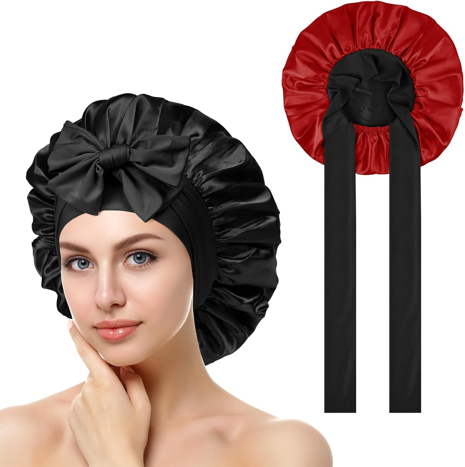 ACWOO Satin Bonnet, Soft Silk Night Hair Cap for Sleeping, Women & Girls, Black, One Size, Adjustable, Contemporary Style, Multi-Function