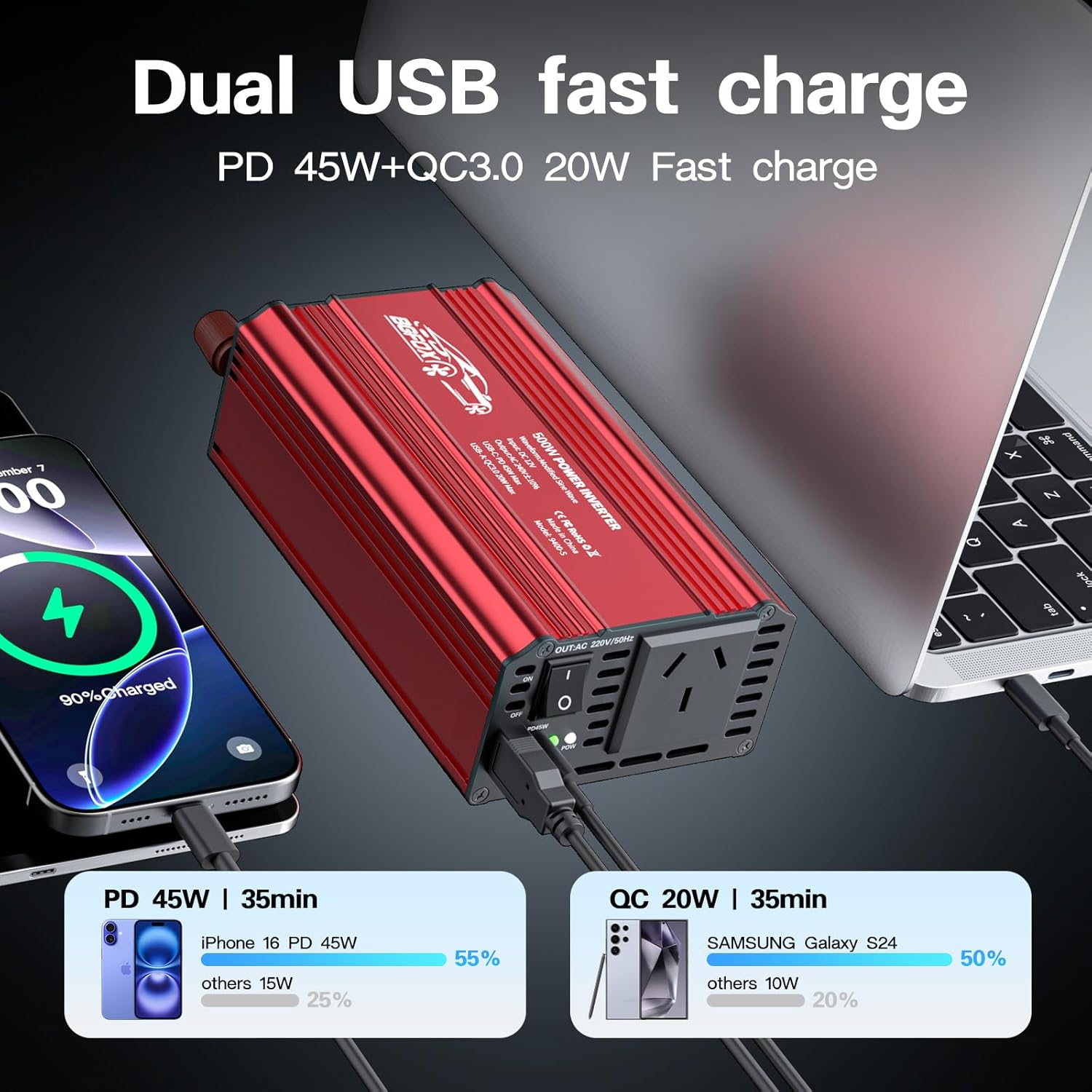 500W Car Power Inverter DC 12V to 240V AC Converter with 1 USB Ports and 1 PD Outlet, Car Charger Adpater for Road Trip and Camping-Red image number 5