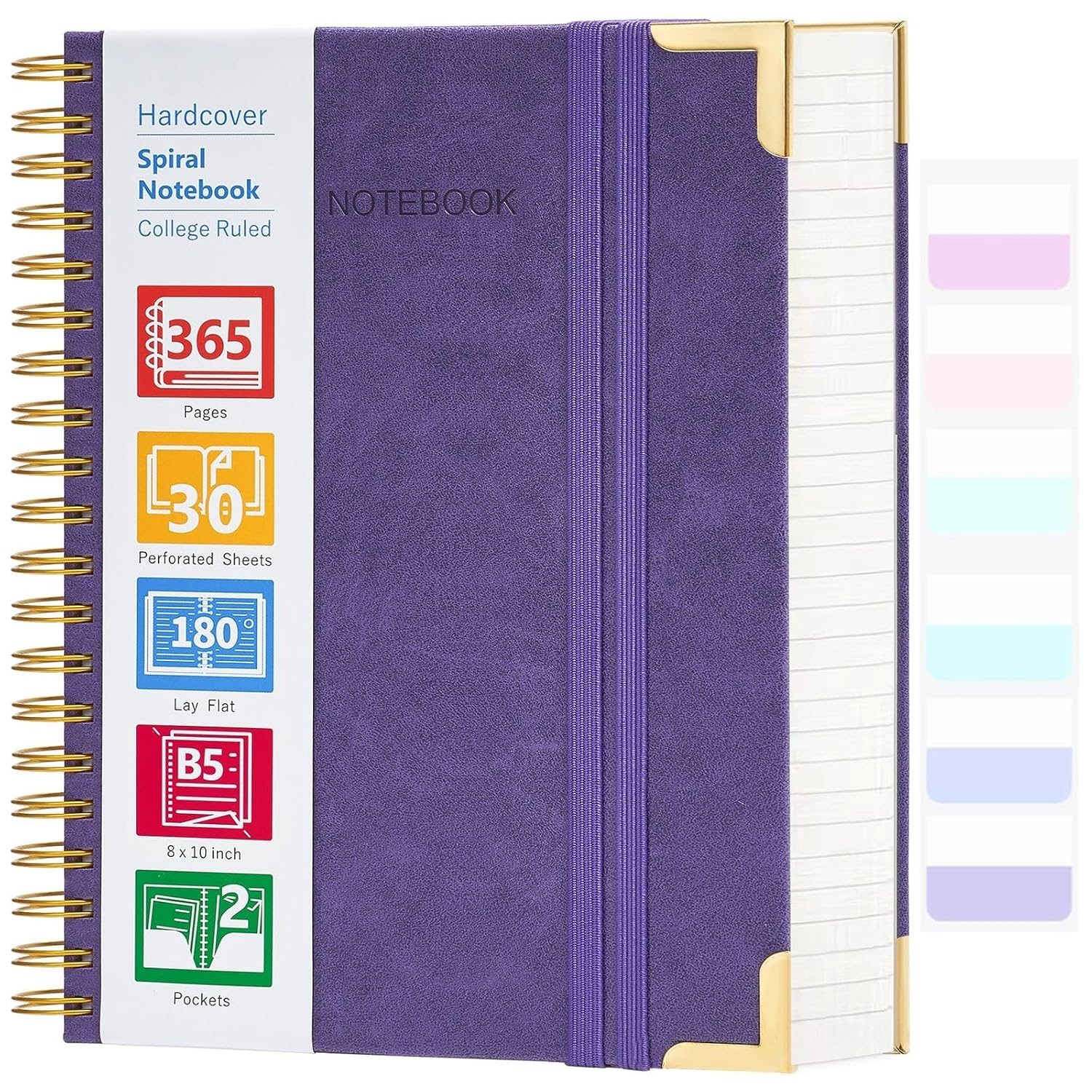 Spiral Notebook, 365 Page Hardcover Leather Notebook Journal, Large B5 Lined Journal for Women Men, College Ruled Notebooks for Work School, Journals for Writing, 24Pcs Index Tabs, 8" X 10", Purple image number 5