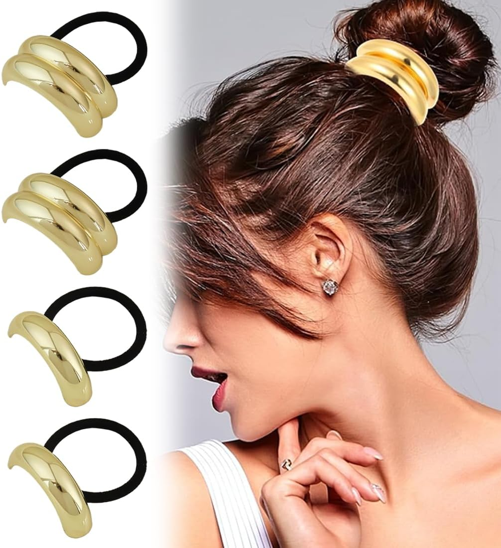 VAEIORP Pack of 4 Metal Hair Cuffs, Elastic Hair Bands, Bracelet, Ponytail Holder, Hair Band for Women and Girls, Thick, Thin, Curly (Gold, Black)