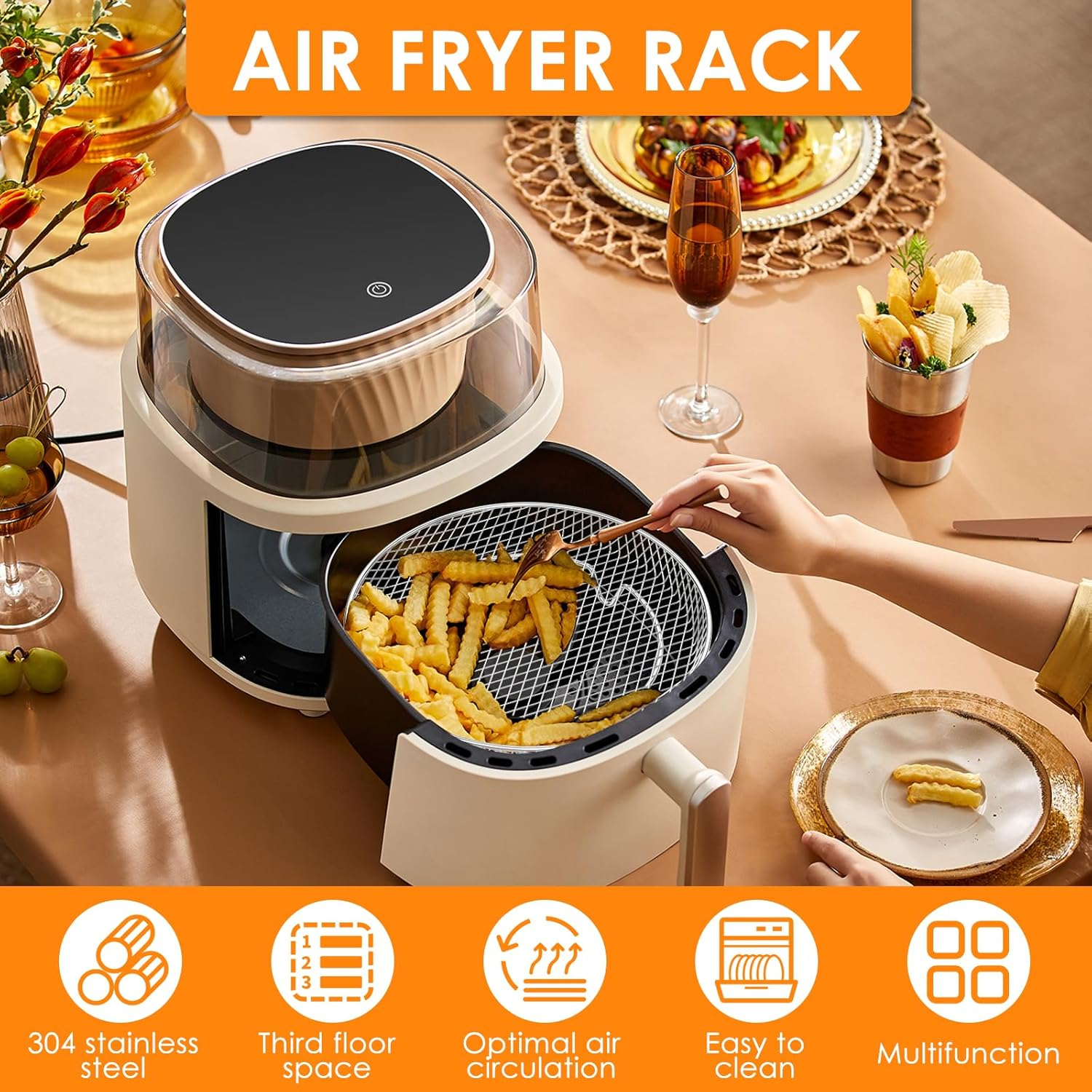 3 Layer Air Fryer Accessories Rack round Stainless Steel Air Fryer Dehydrator Rack Stackable Multifunctional Air Fryer Basket with 8 Silicone Feet 1 Anti-Scald Clip for 4.2-5.8 QT Air Fryer Baking image number 3