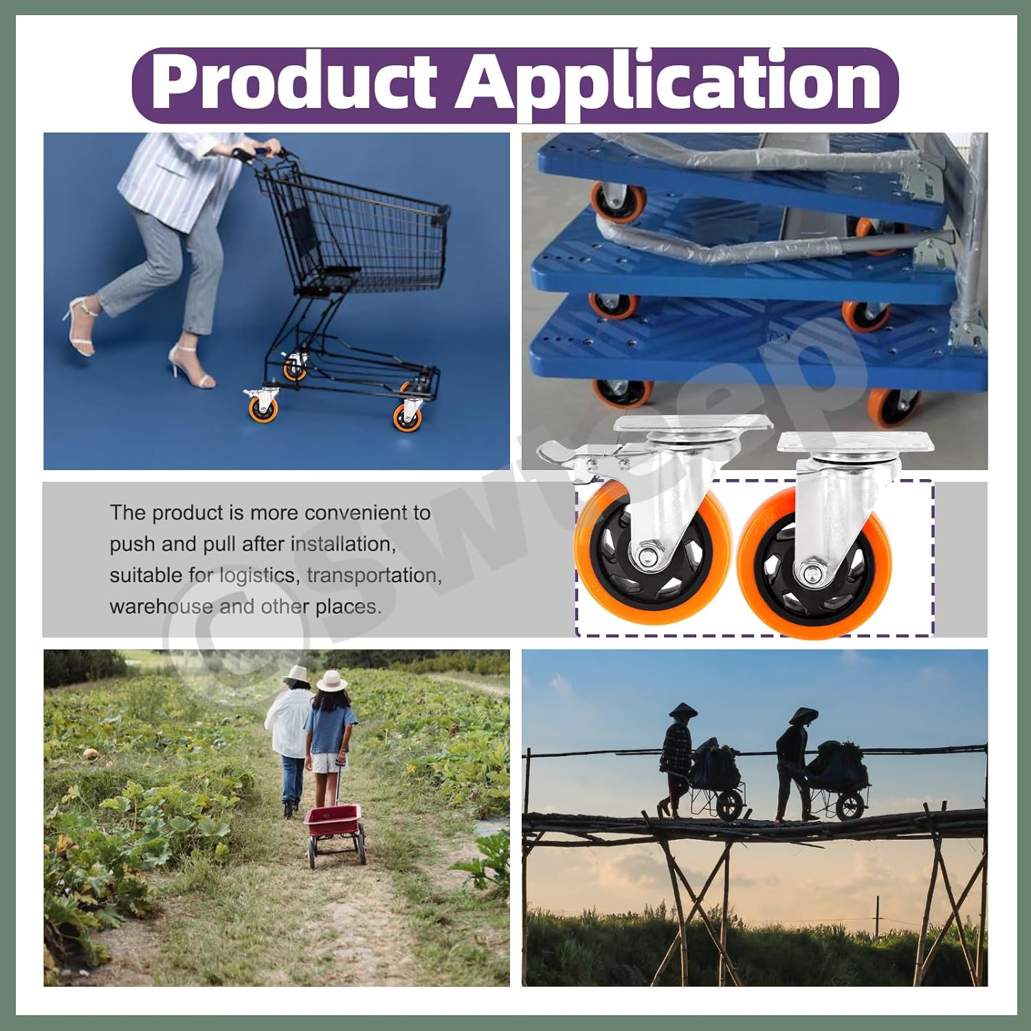 Swpeet 53Pcs 1.5 Inch Swivel Plate Casters Wheels, Heavy Duty Casters 2 with Brakes 2 without Brakes, Safety Dual Locking Casters with Wrench Screws, No Noise Polyurethane Wheels Casters for Furniture image number 1