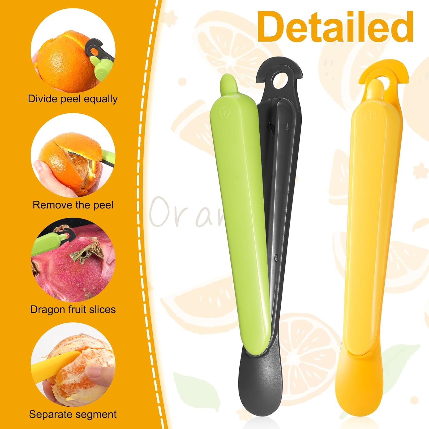 2Pcs 5-In-1 Orange Peeler, Stainless Steel Fruit Peeler Kitchen Gadgets Orange Peeler Grapefruit Pomelo Peeler Tool Citrus Peel Cutter, Easy to Peel for Home Kitchen Use (Green, Yellow) image number 6