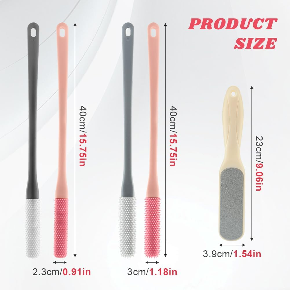 Toe Cleaning Brush with Long Handle, 4Pcs 15.7" Toe Cleaning Brush with 1 Double Side Foot File, Foot Brush Toe Scrubber for Seniors Elderly Men and Women(Color:Pink, Grey, White) image number 4