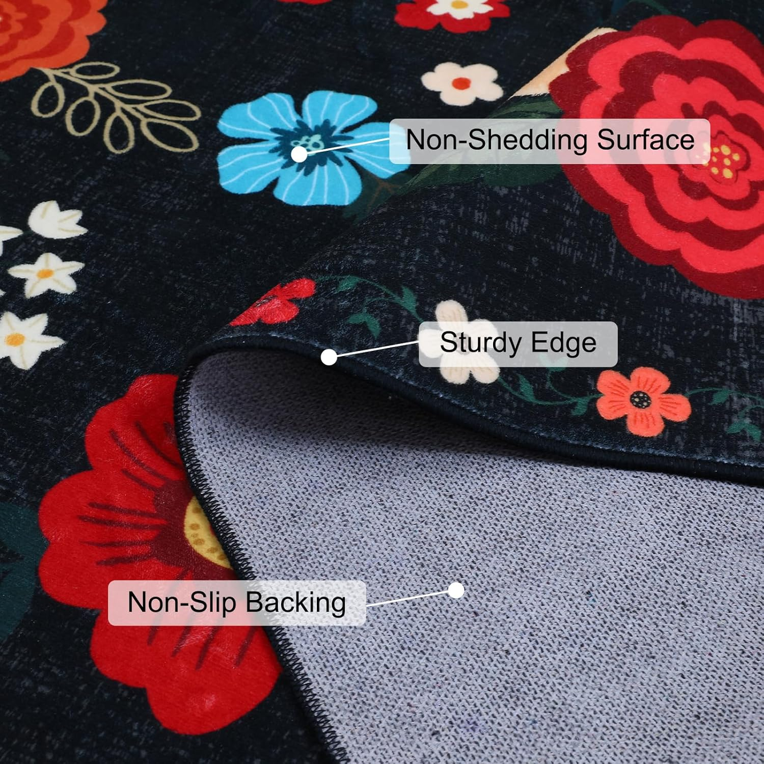 MOSISO 4X6 Area Rug for Living Room, Washable, Non Slip Multicolored Flower, Low Pile Carpet, Faux Wool Rectangular Area Rug Carpet for Living Bedroom Dining Room Home, Black image number 5