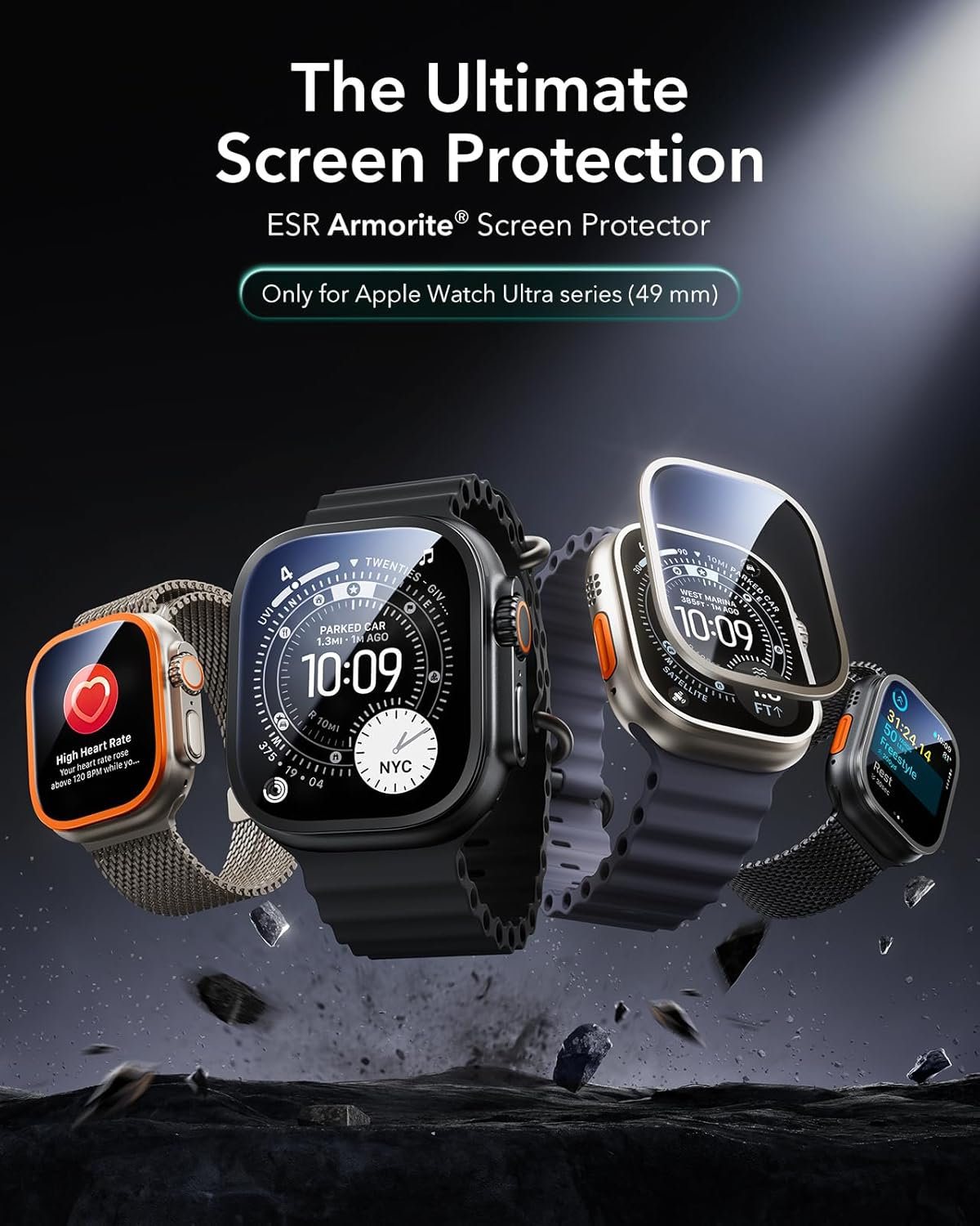 ESR 2 Pack Armorite Screen Protector for Apple Watch Ultra 3/2/1 (2025/2024/2023/2022,49 Mm), Military Grade Protection, Tempered Glass Film with Aluminum Alloy Frame, Anti-Scratch, Black - Titanium image number 6