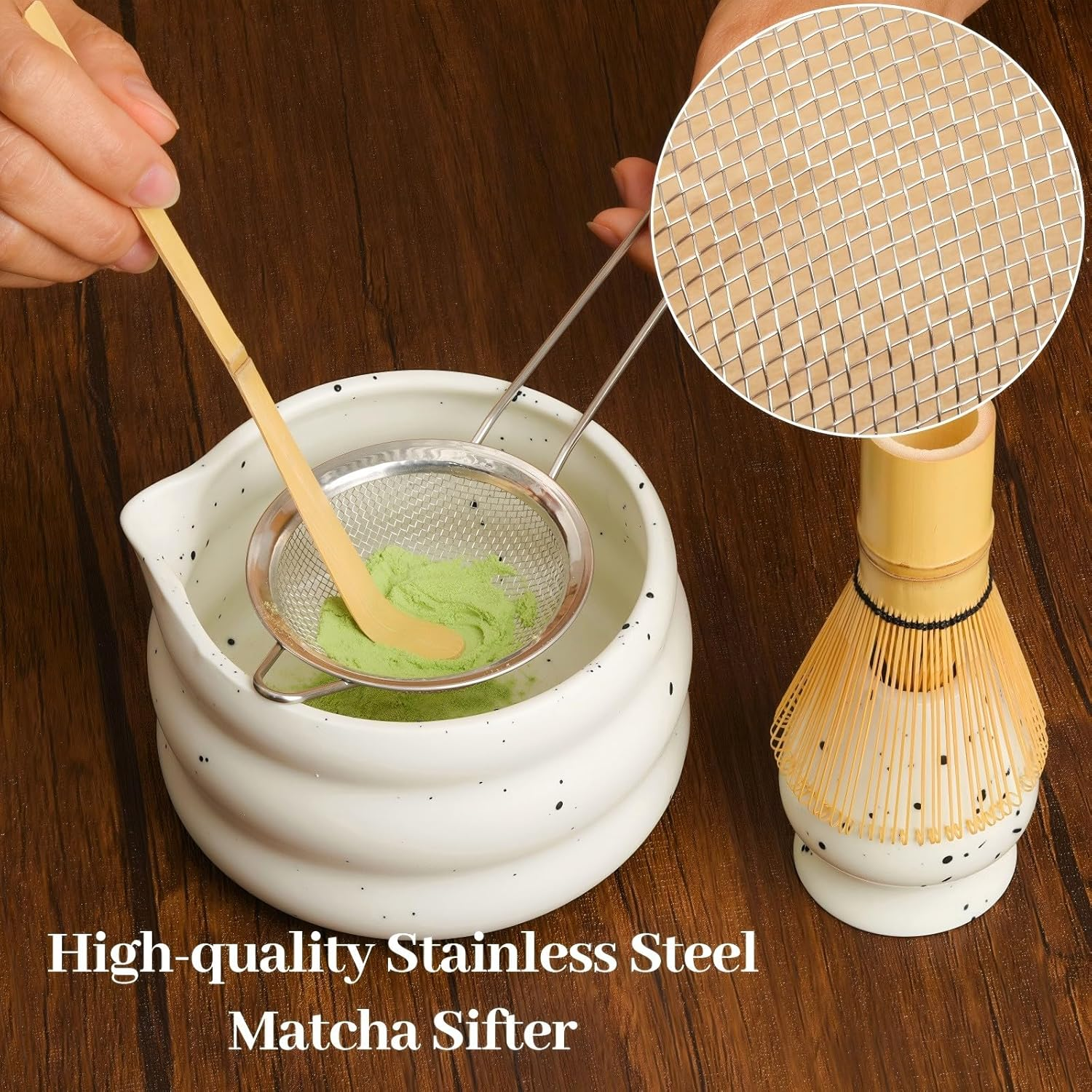Matcha Whisk Set, 5 Pcs Matcha Tea Set for Ceremony, Match Bowl with Spout and Whisk, 15 OZ, Matcha Kit for Making Breakfast/Matcha Latte, Gift Perfect for Matcha Lover/Friend/Family - Spotted White