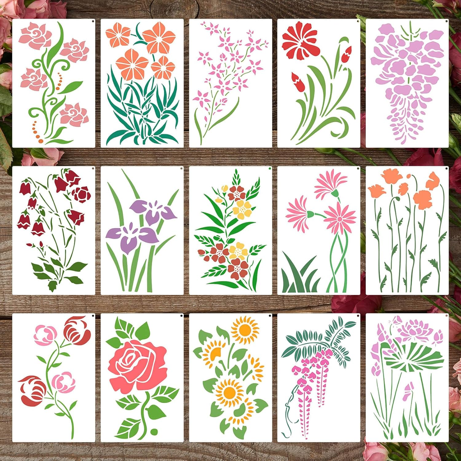Dayker 15PCS Flower Stencils, Wildflower Leaf Painting Stencils, Reusable PET Art Drawing Templates, DIY Crafts Plant Stencil for Painting on Wood Wall Paper Canvas Home Decor image number 6