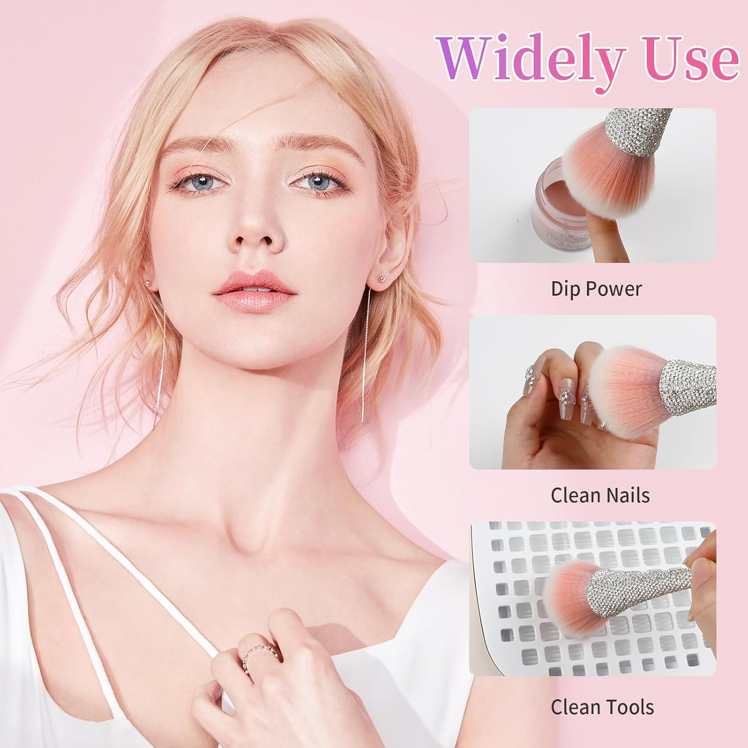 Heemeei Nail Dust Brush with Shiny Rhinestones, Dust Brush for Nails, Fluffy Nail Duster Brush for Acrylic Nails Powder Remover, Acrylic Cleaning Brush Acrylic Nail Tools - White image number 4