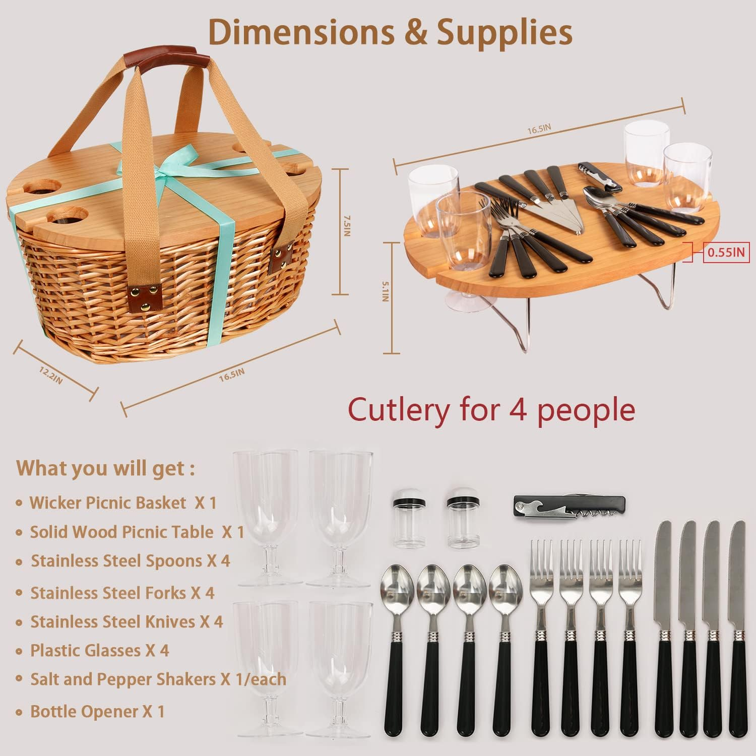 Hap Tim Wicker Picnic Basket Set for 4 with Mini Folding Wine Picnic Table & Large Insulated Cooler Bag & Cutlery Service Kits for 4 Person, Couples Gifts, Wedding Gifts (AU2209-4-CM) image number 5