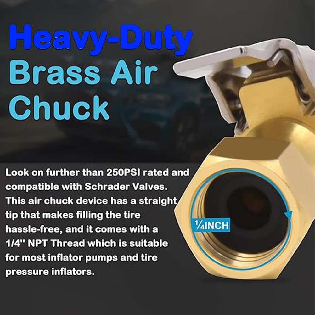 Heavy Duty 1/4" NPT Tire Air Chuck with Clip Adapter - Ideal for Tire Inflator, Pressure Gauge, and Compressor Accessories, Lock - on Design image number 2