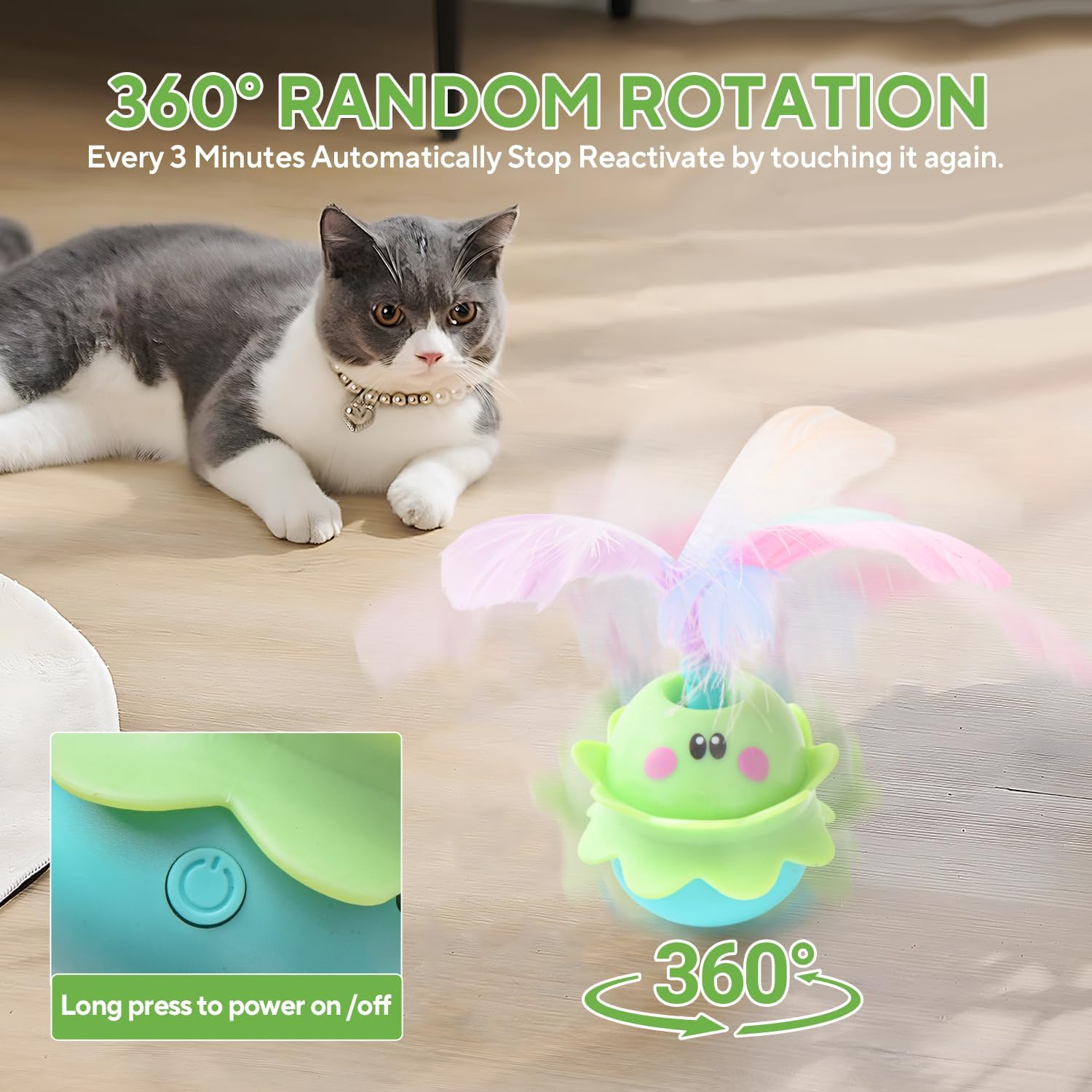 LIFLIX Interactive Automatic Cat Feather Toy, Rotating with LED Light, Electronic Chirping Toy for Indoor Cats, Rechargeable, Green