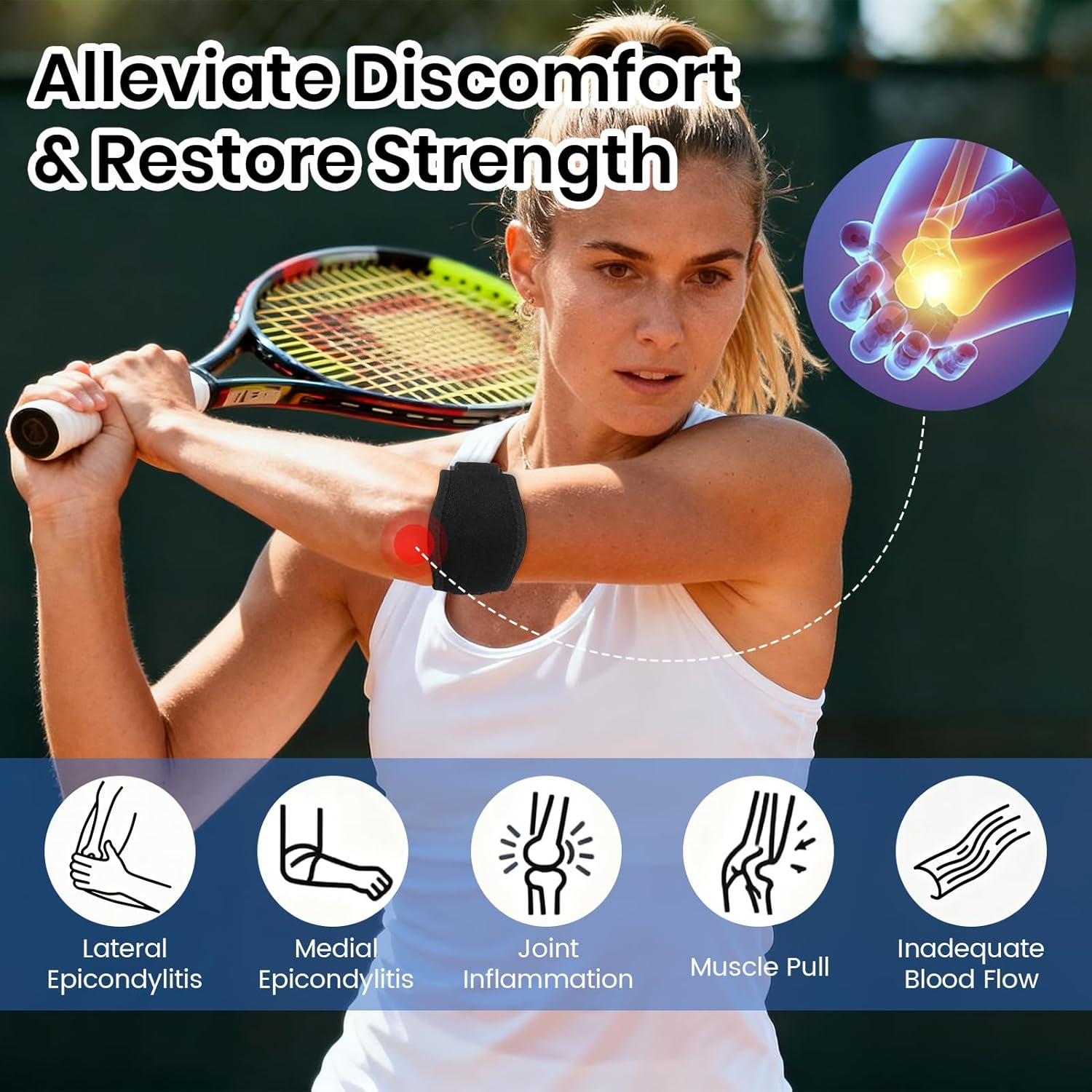 2 Pcs Elbow Brace with Dual Adjustable Straps & Spring Support, Breathable Neoprene Compression Sleeve for Tennis Elbow Cubital Tunnel Gym Sports Fits Men and Women (Black) image number 6