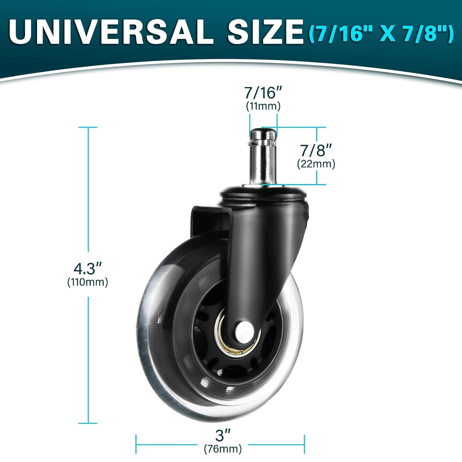 EDIMENS Office Chair Caster Wheels Replacement Rubber Chair Casters Set of 5 Heavy-Duty Office Chair Casters Wheels for All Floors,11Mm Universal Size Chair Castors for Office Home Gaming Chairs image number 5
